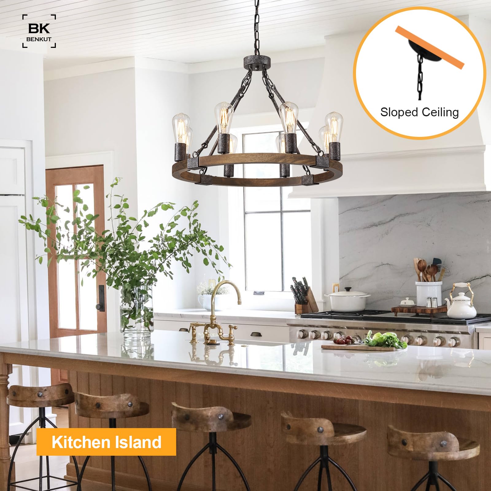 Benkut 23.6" Black Rustic Wagon Wheel Chandelier, 8-Light Wood Fixture for Dining Room, Kitchen, Entryway, Model P62-8Z1