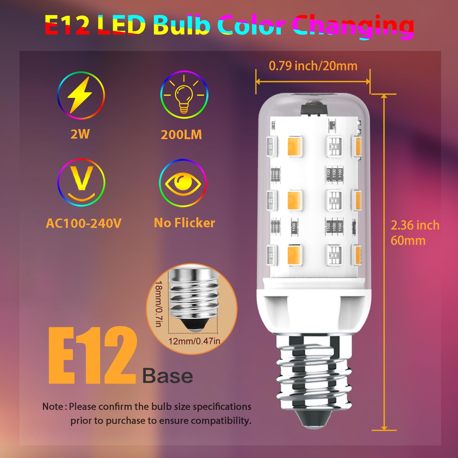 Cxyemt E12 LED Bulb 2W Equivalent, RGB Color Changing, Warm White 3000K, Dimmable, 2 Pack, Polycarbonate, Model E12-WRGB-