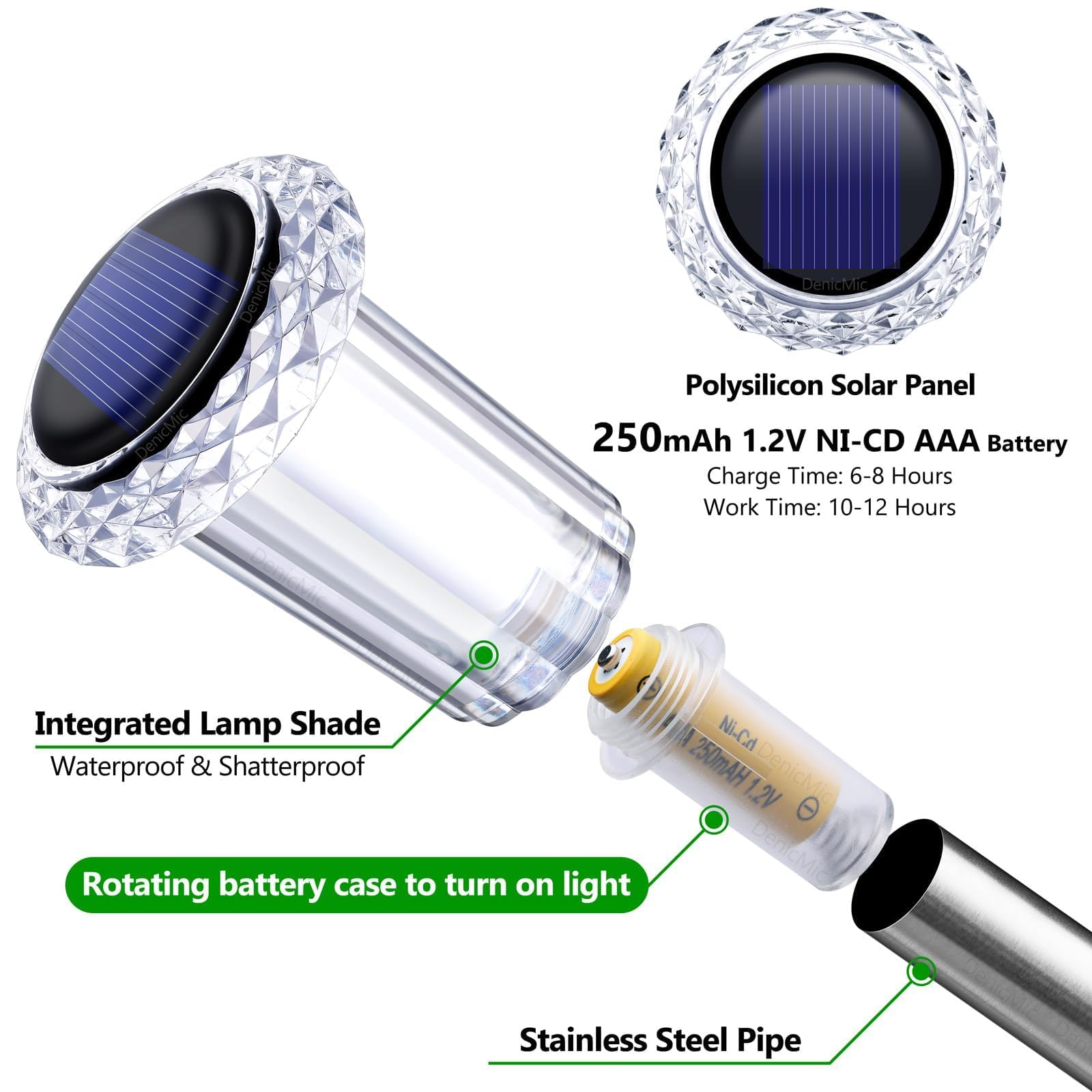 Denicmic 6000K Solar Pathway Lights, Waterproof Acrylic, Stainless Steel, Cold White 10-Pack