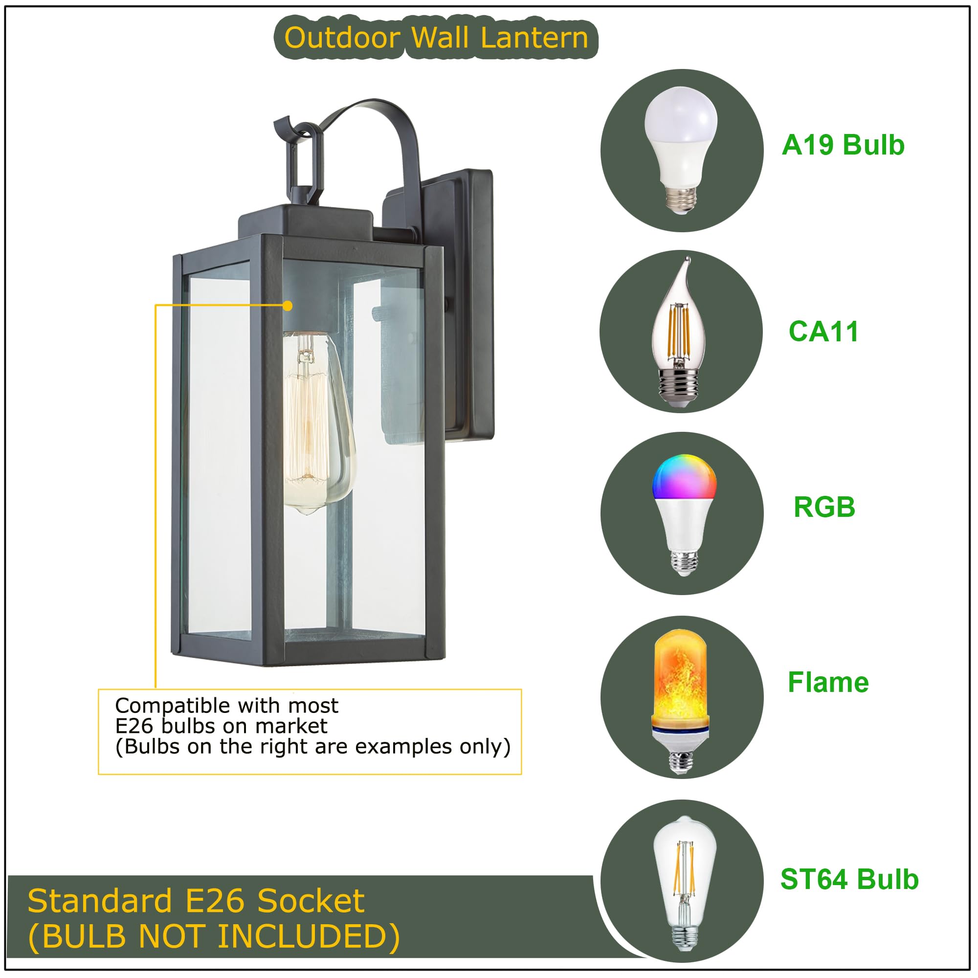 Wisbeam Black 13.7In Outdoor Wall Lantern For House, Black Outdoor Porch Sconce Light Fixture, E26 Base 60W Max, Metal Housing P