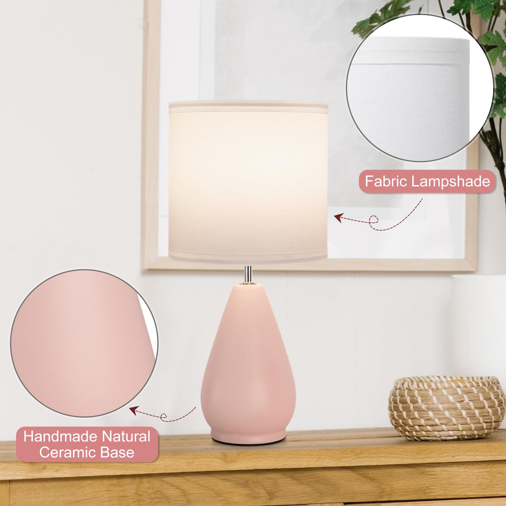 Yacoto Ceramic Table Lamps Set Of 2, Small Pink Bedside Lamps For Bedroom Modern Nightstand With 3 Color Temperatures For Living
