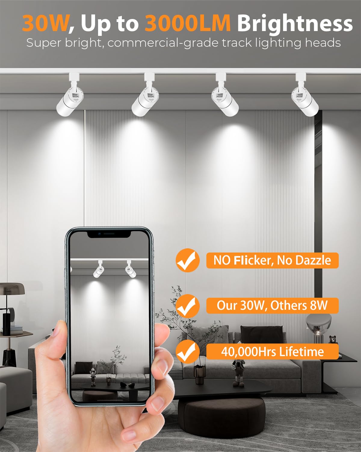 Vanoopee 3-Color Zoomable 30W Led Track Lighting Heads H Type Track Light Heads Dimmable Bright Ceiling Spotlight Fixtures For S