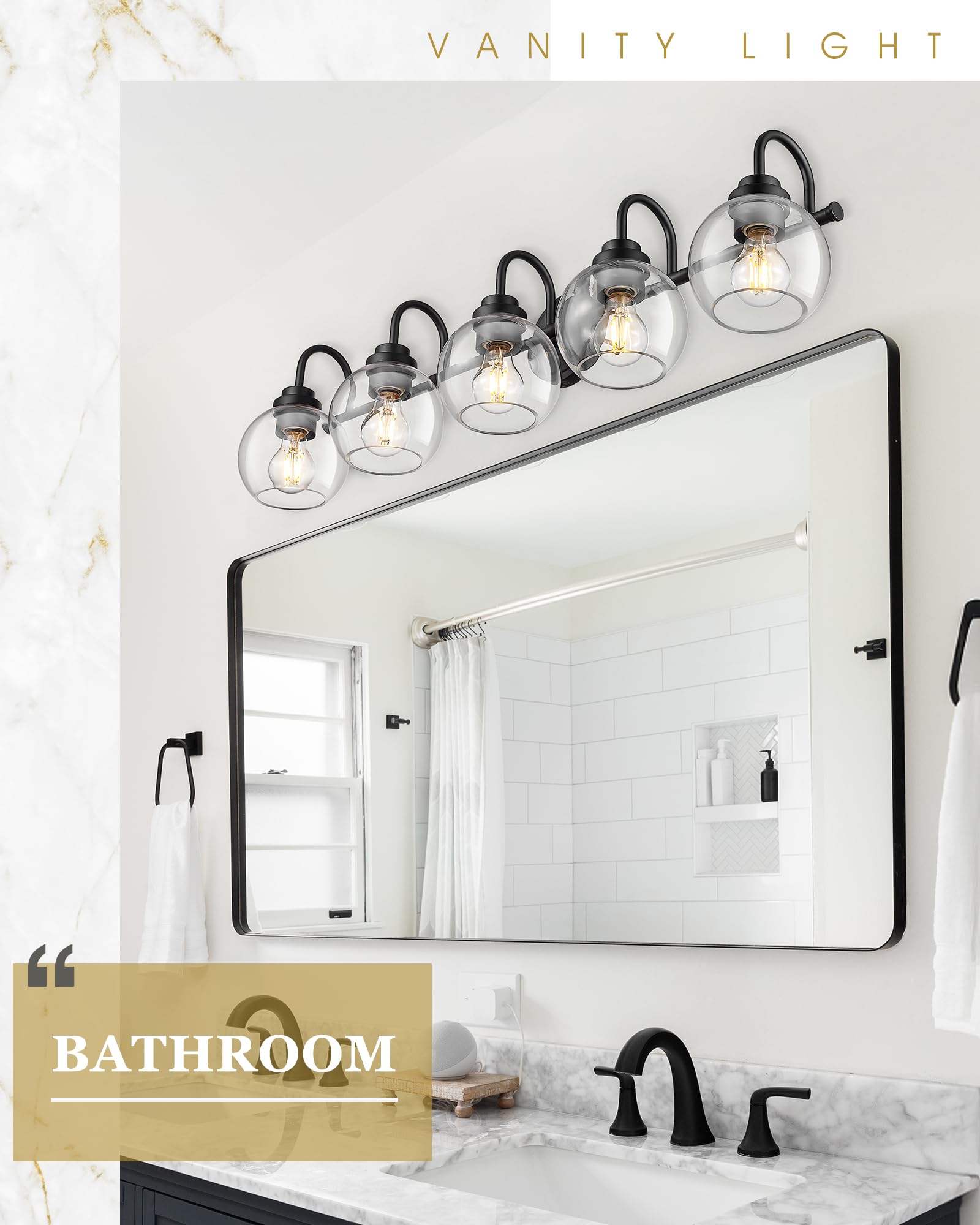Audickic 5-Light Matte Black Bathroom Vanity Light Fixture with Clear Glass, 35 Inch, Model AD-22280-5W-BK