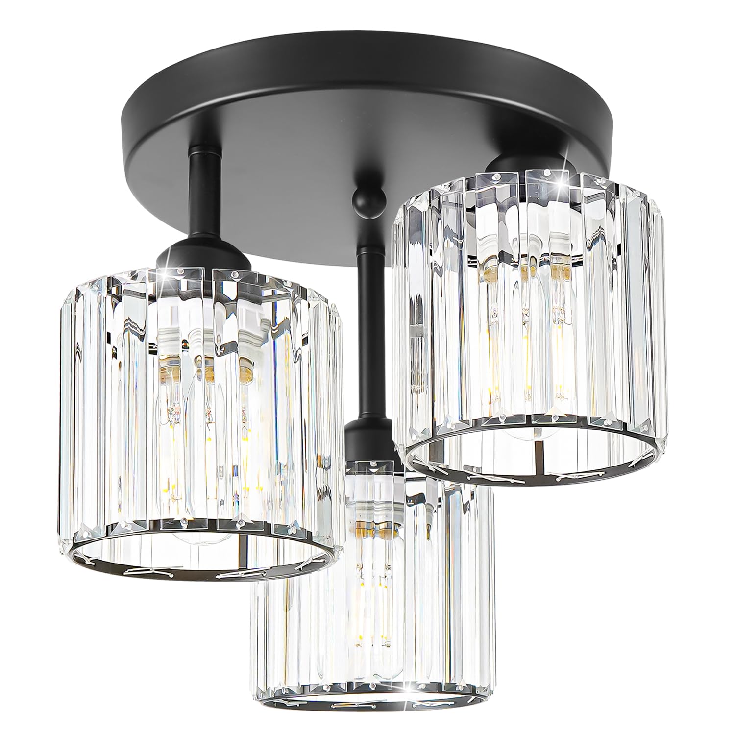 Crystal Semi Flush Mount Ceiling Light, 3-Light Modern Close to Ceiling Light Fixtures, Black Kitchen Light Fixtures with Clear 