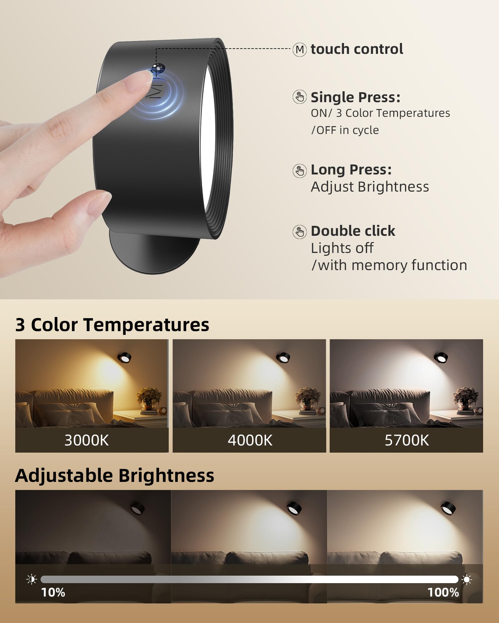 AMETHEUS LED Wall Mounted Lights, Rechargeable Sconces, 3 Color Temperatures, Dimmable, 3 Pack, Black, Model WL02