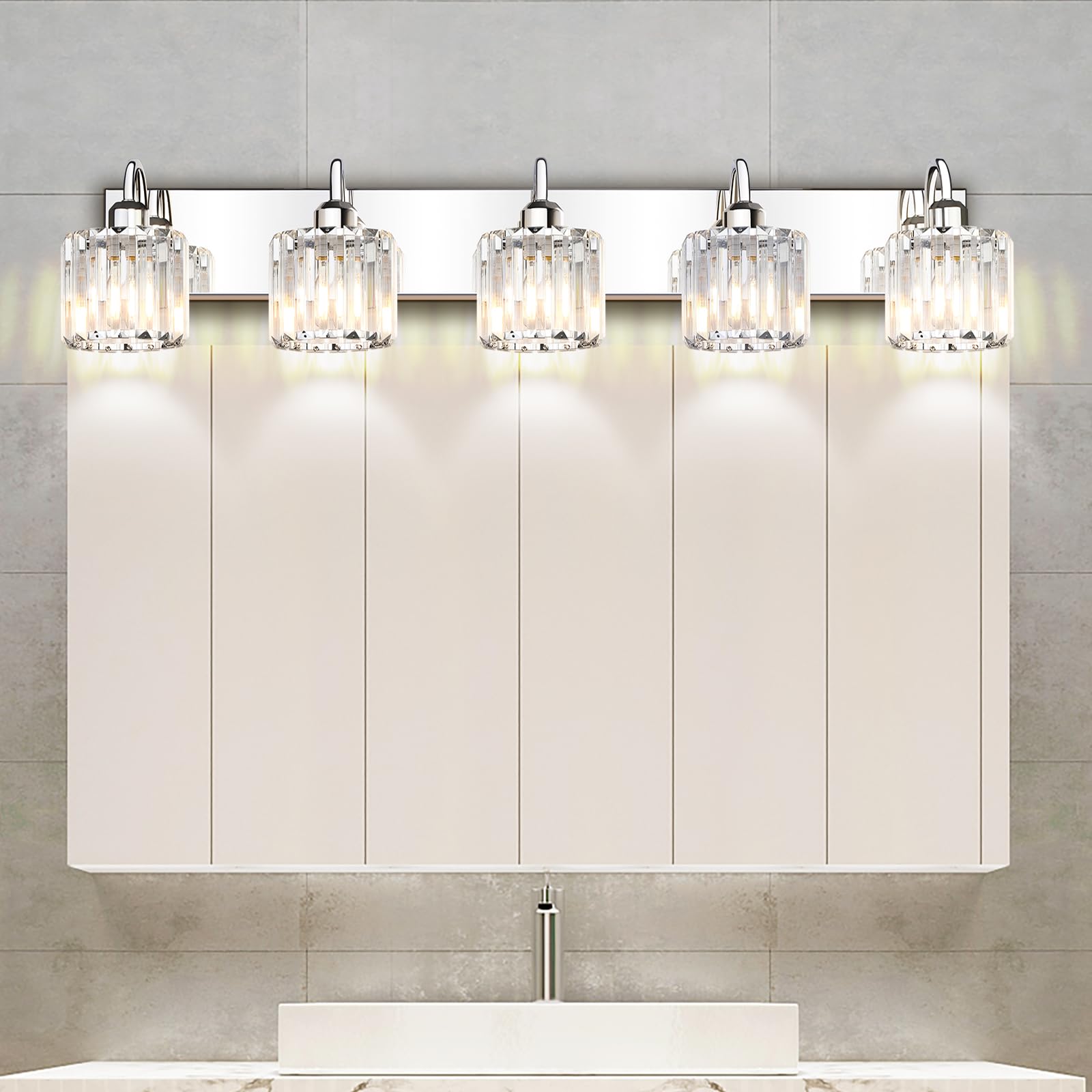 Valytime Bathroom Vanity Light - Chrome Crystal Fixture, 5 Lights Over Mirror, Stainless Steel