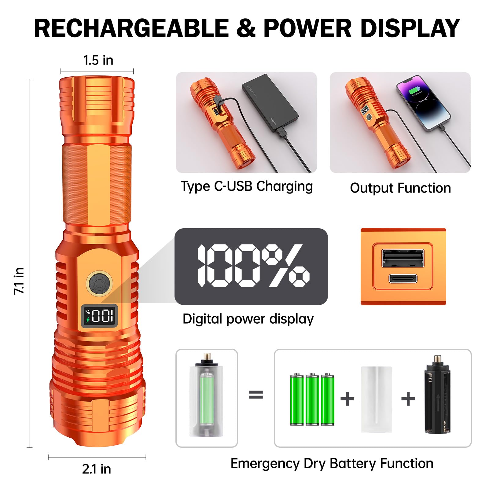 CHILDBOT High Lumens Rechargeable LED Flashlight, Waterproof, Zoomable, Orange, Model Y1915C