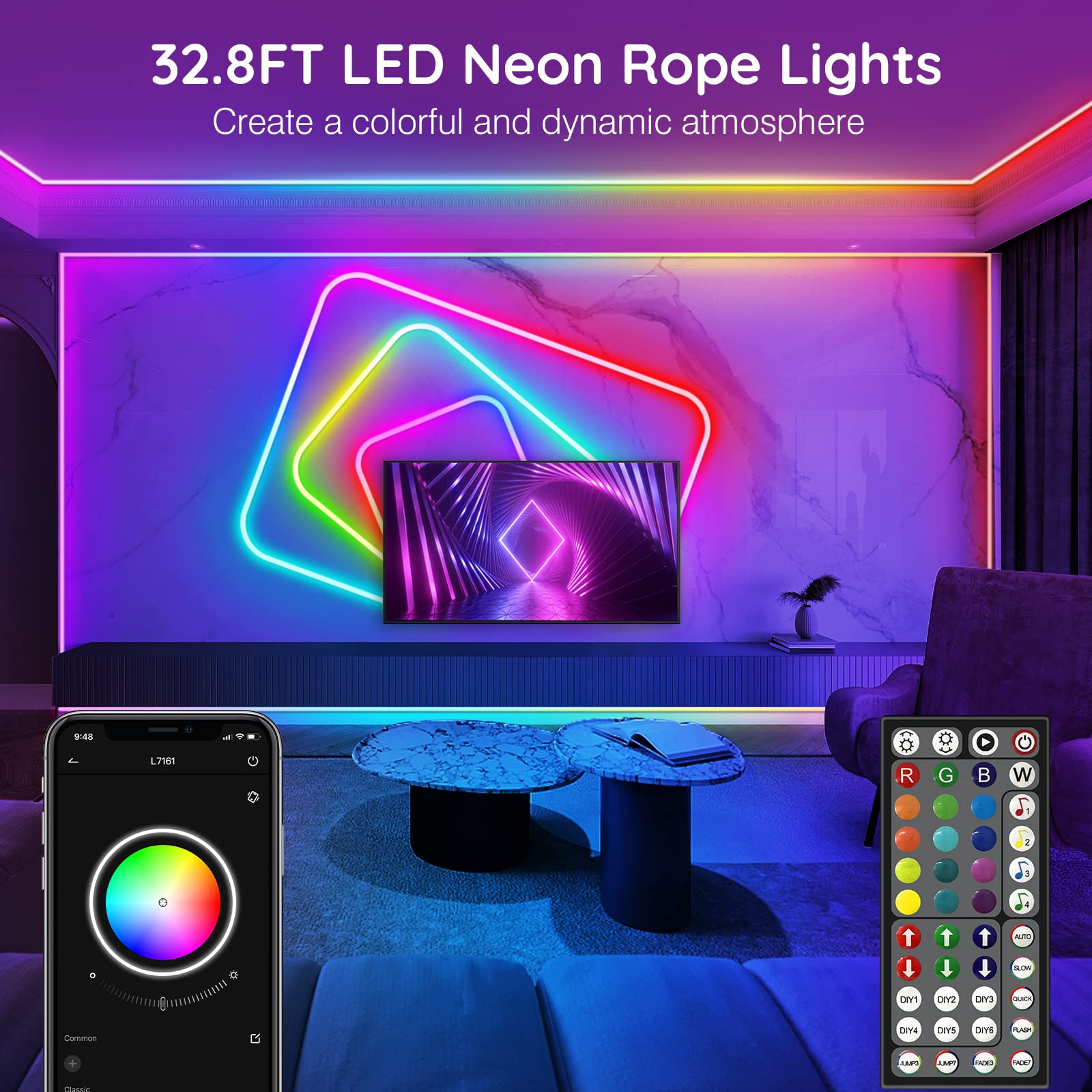 AILBTON 32.8FT Neon Rope Lights, RGB LED, Silicone, IP65 Waterproof, App/Remote Control, Music Sync for Bedroom Decor