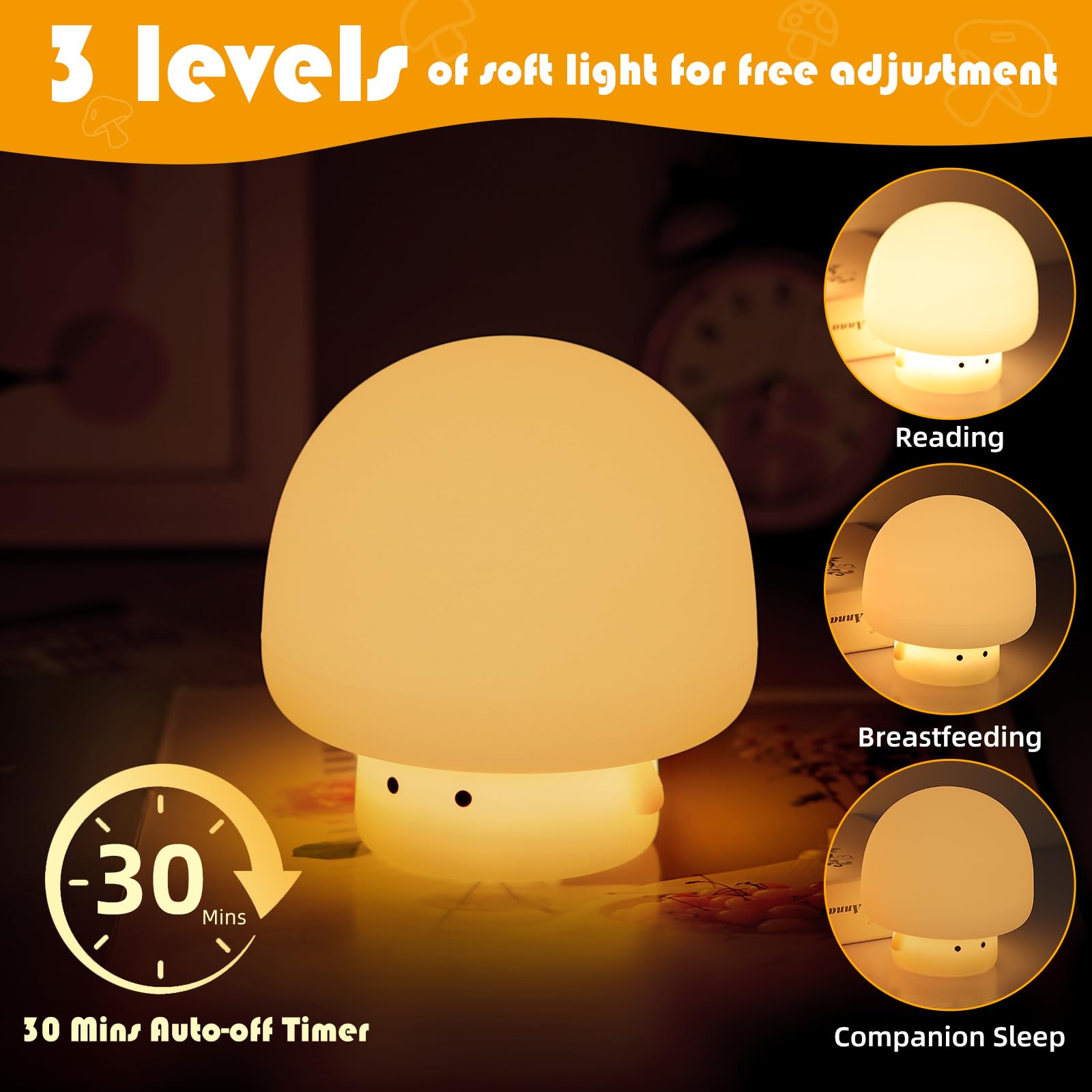 YISUN Mushroom Night Light, Rechargeable LED Silicone Lamp, 3 Level Dimmable, Cute Design for Kids Room, Mushroom White, Model A021