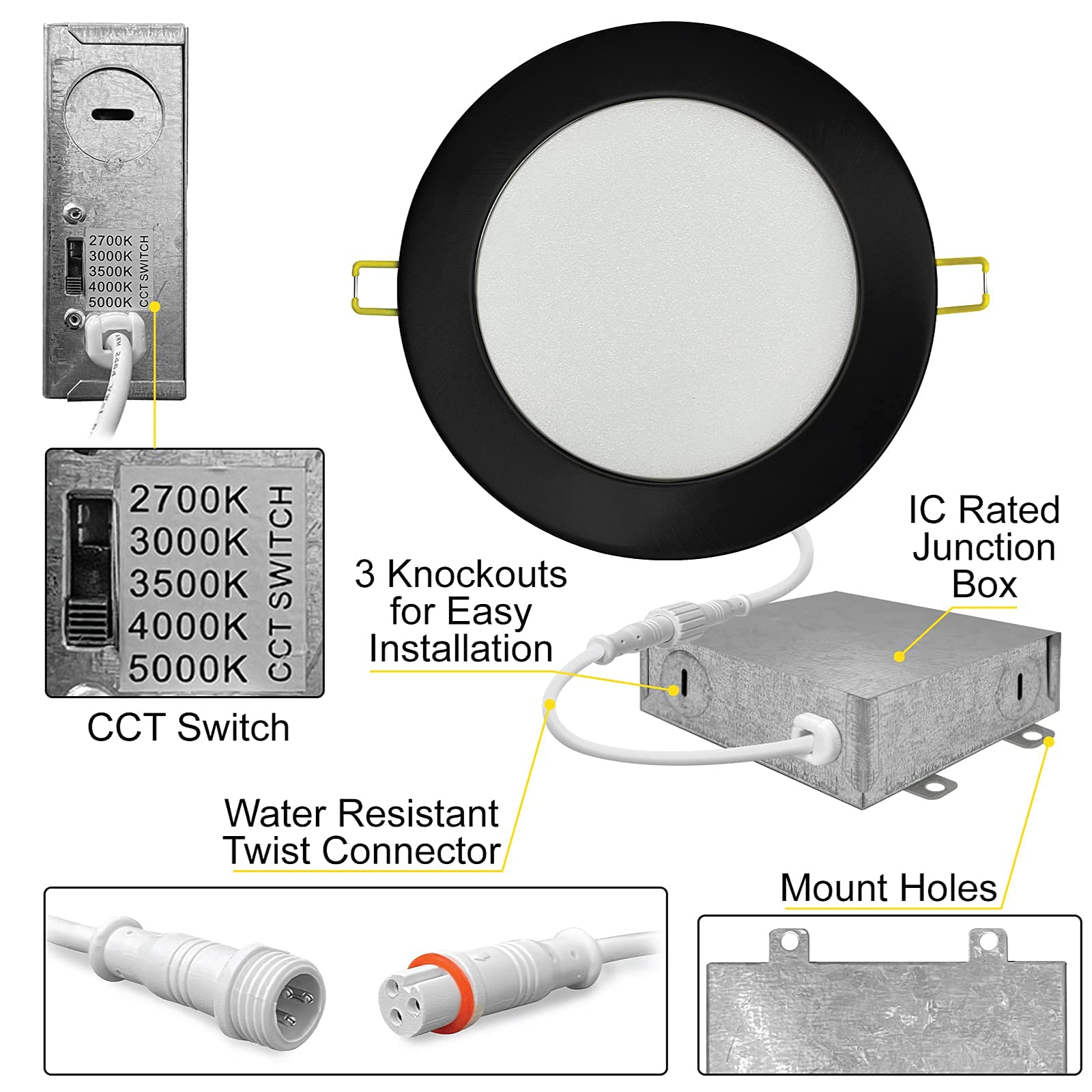 Nuwatt 6 Pack, 4 Inch Ultra-Thin Led Recessed Lighting Black, 5Cct 2700K/3000K/3500K/4000K/5000K Selectable, 630Lm, 9W, Ic Rated, Dimmable Canless Wafer Light, Damp Rated Pot Lights With Metal J-Box