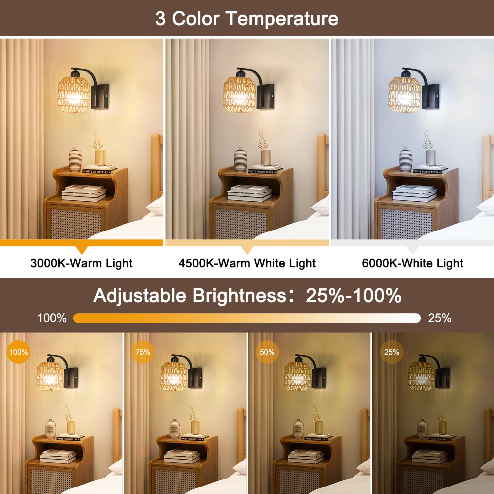 Bailoch Boho Cordless Wall Sconces Set of 2, Dimmable Rattan Lights, Rechargeable, Black, Model BLWS005B2