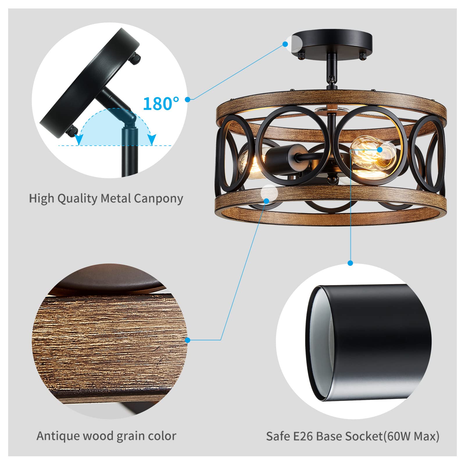 Xingqi Semi Flush Mount Ceiling Light Fixture Modern 3-Light Farmhouse Ceiling Lights For Bedroom Living Room Dining Room Entry Hallway Foyer 13" Black And Wood Grain Finish
