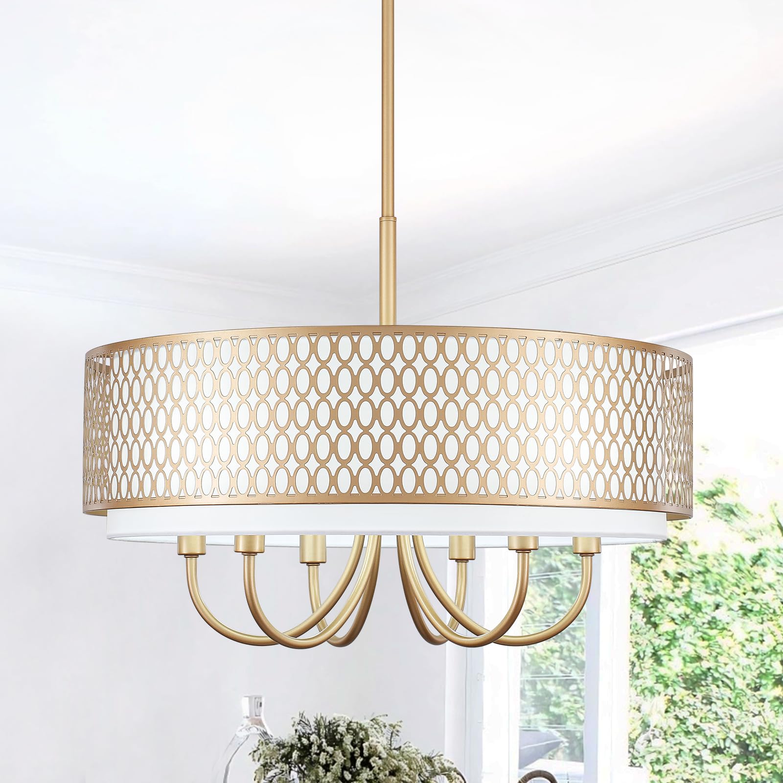 Durm Chandeliers for Dining Room 6 Lights 21.65 Large Farmhouse Gold Chandelier with Fabric Shades Hanging Light Fixture Drum Pendant Lighting for Kitchen Island Dining Room Bedroom Living Room Foyer
