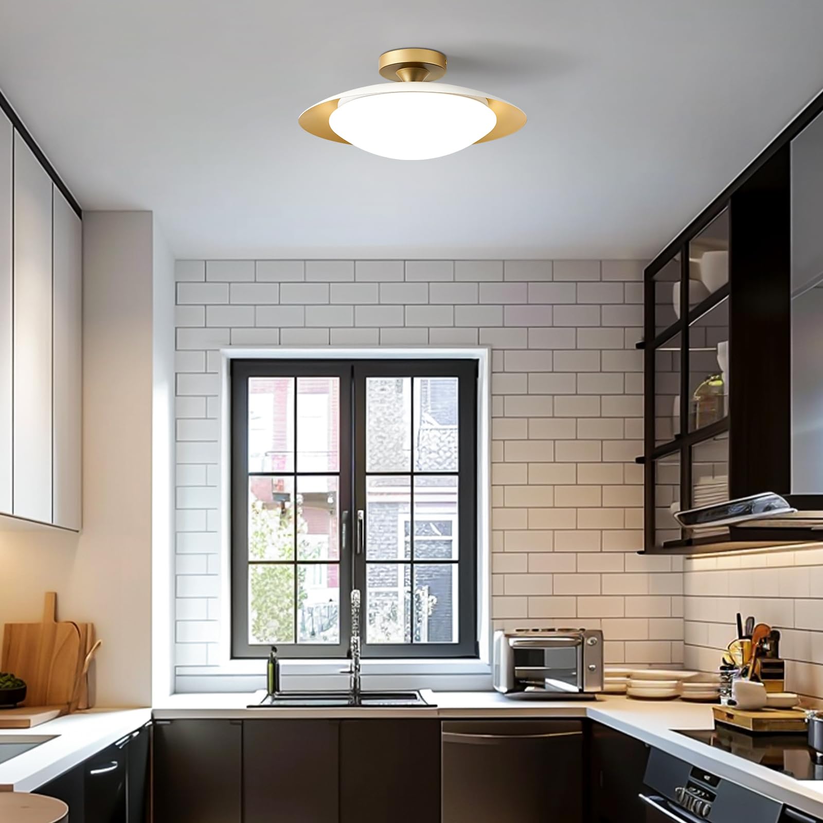 Dimmable Modern Mid-Century Ceiling Light, White And Gold Led Semi Flush Mount Ceiling Light, 5Cct 2700K-6000K Lighting Fixture Ceiling Lamp With Acrylic Shade For Bedroom Kitchen Living Room, 15.8In