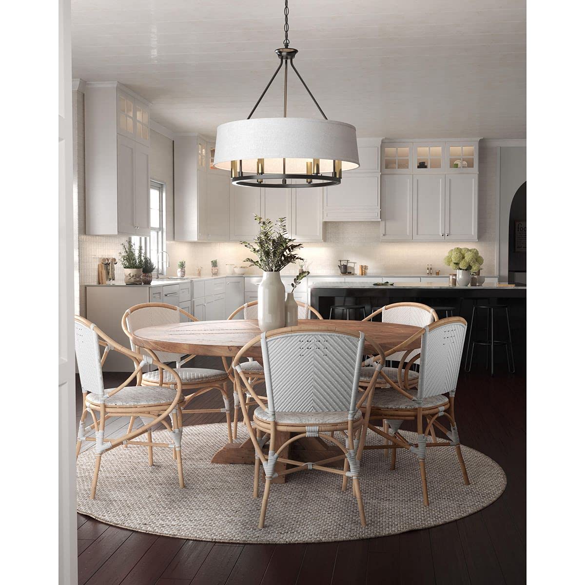 Cherish Collection 6-Light White Linen Shade Coastal Chandelier Light Antique Bronze