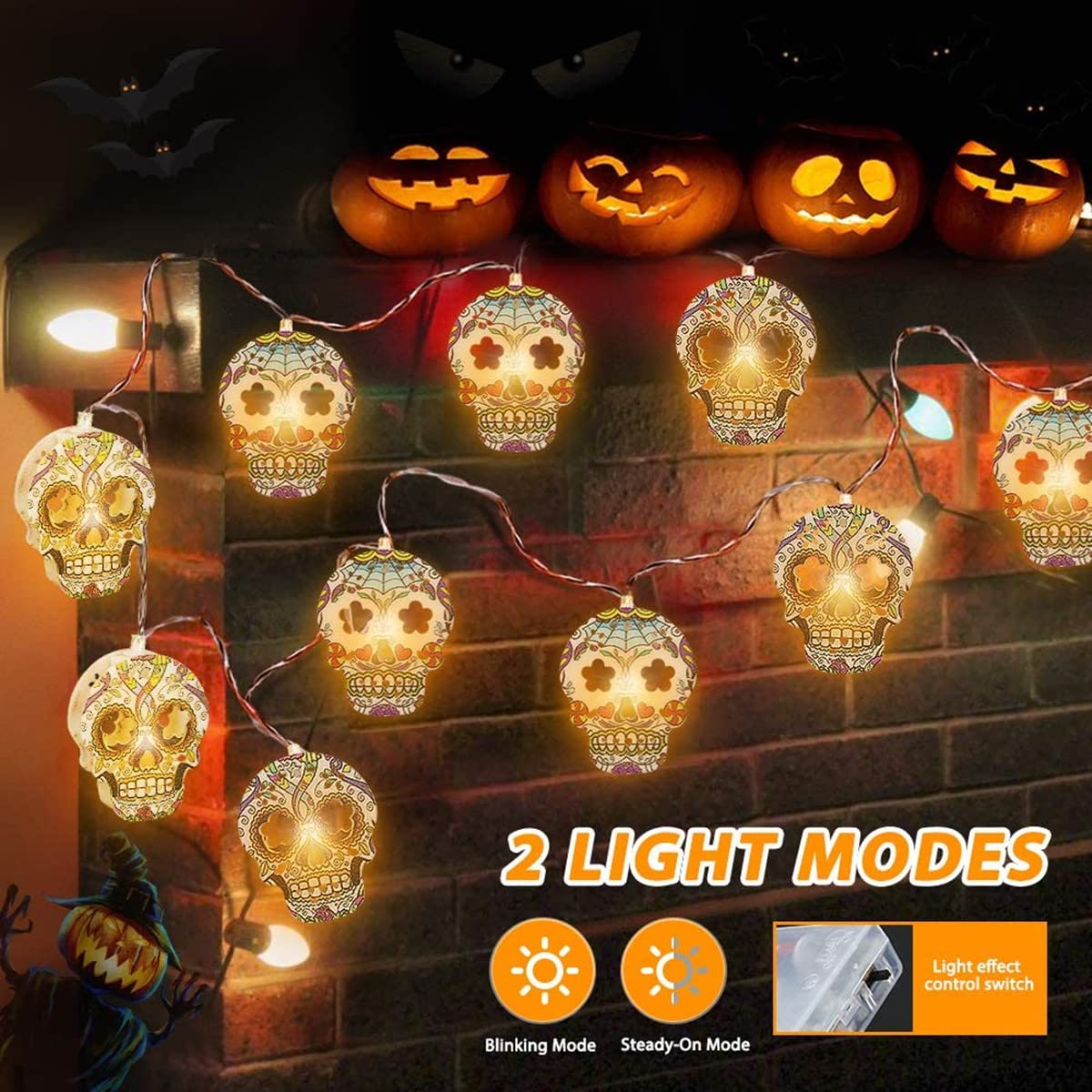 Lingsfire Halloween String Lights Led Skull Lights String 14.7Ft 30 Leds Battery Operated 2 Modes Steady On & Flash Halloween Lights Outdoor Indoor For Halloween Decorations, Festivals, Parties