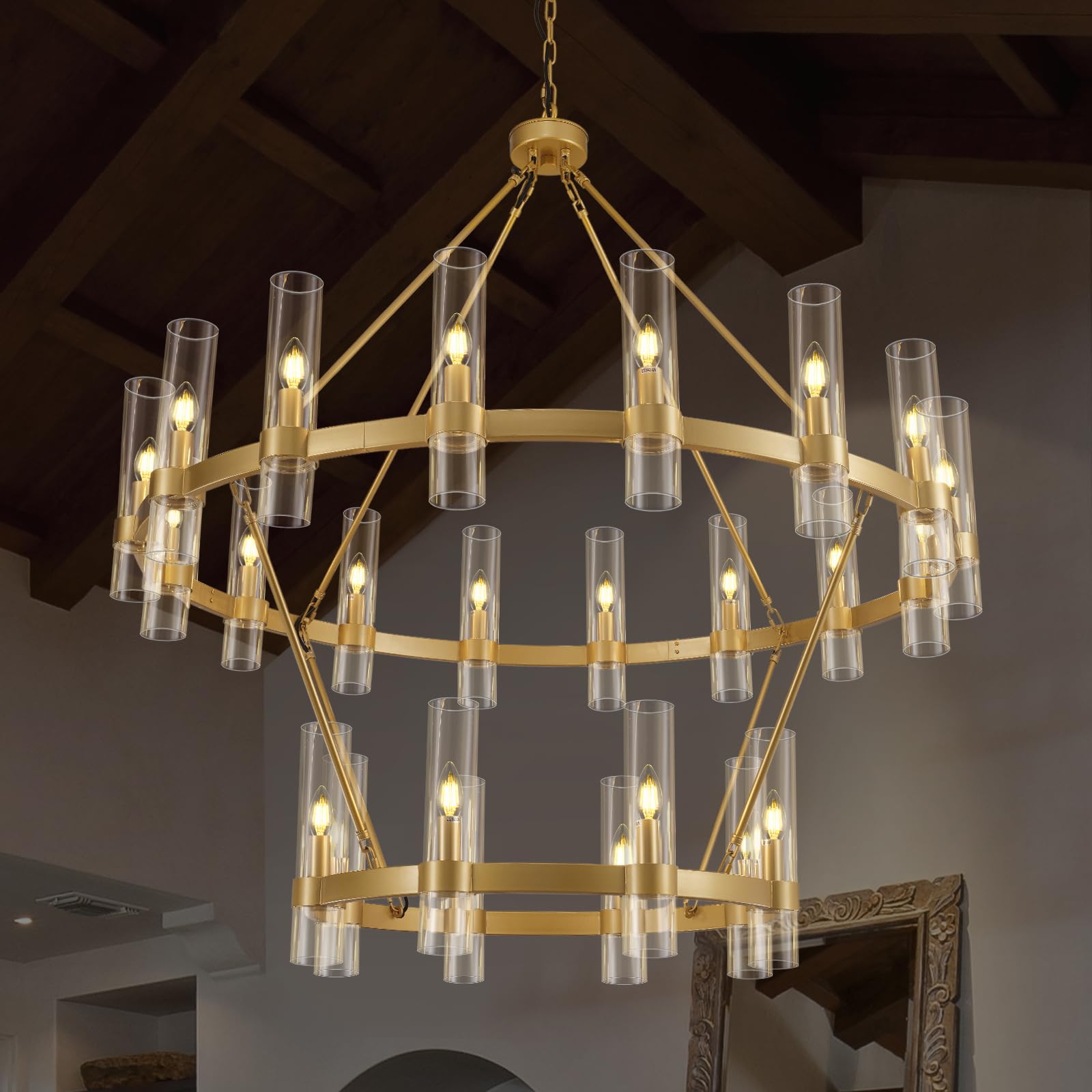 VARTTYAL 48 Inch Gold Wagon Wheel Chandelier, 2 Tier Industrial Chandelier with Glass Shade, 24-Light Large Round Chandelier, Fa