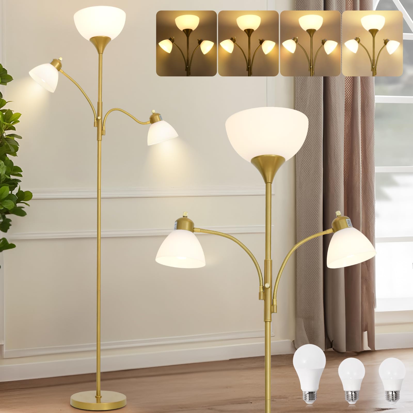 RISLG Floor Lamp, 3 Adjustable Reading Lights, Stepless Dimming, Modern Design, Gold, Model RS-US 6211