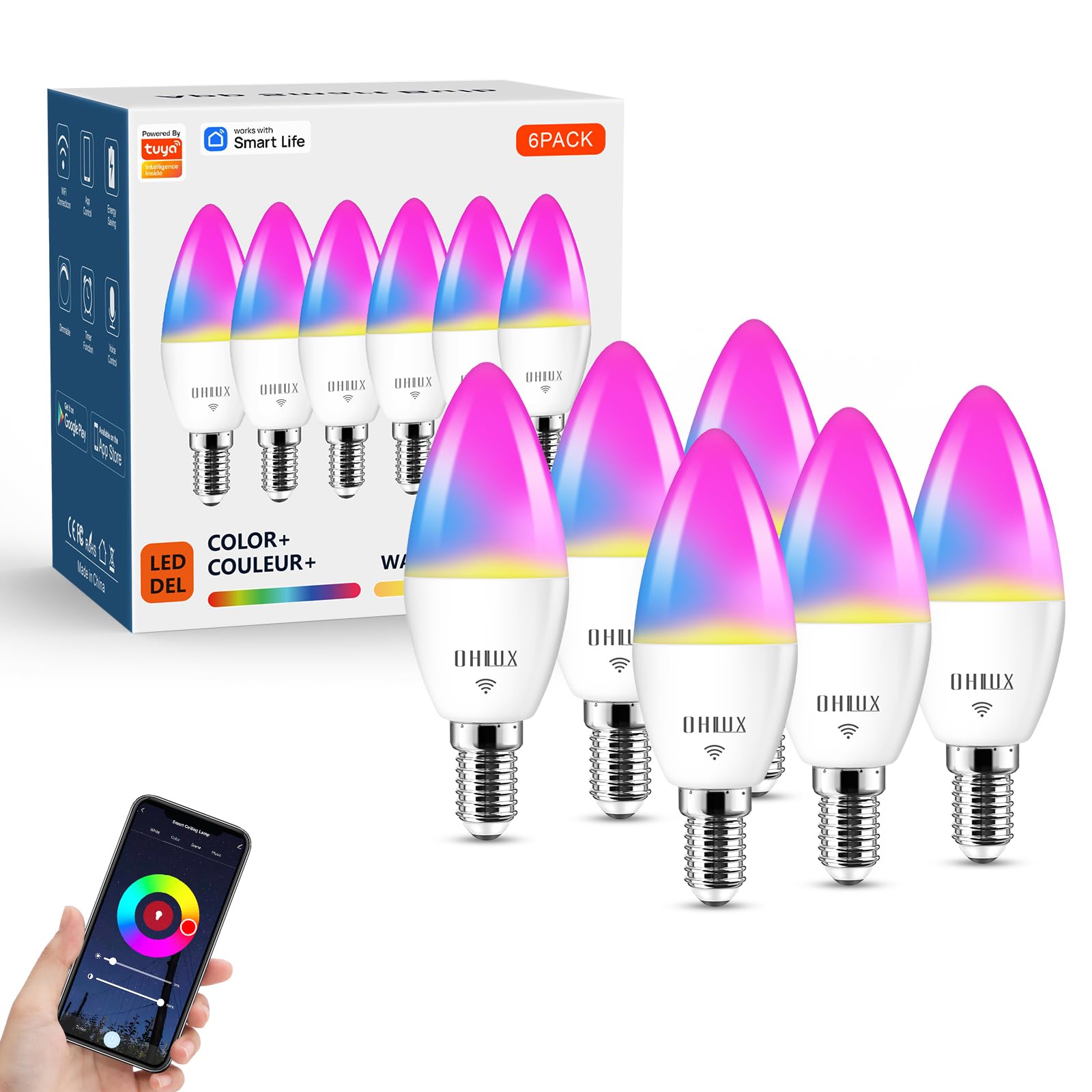 OHLUX 6 Pack E12 Smart Candelabra LED Light Bulbs, Color Changing Compatible with Google Alexa and Smart Life, 5W 40W Equivalent