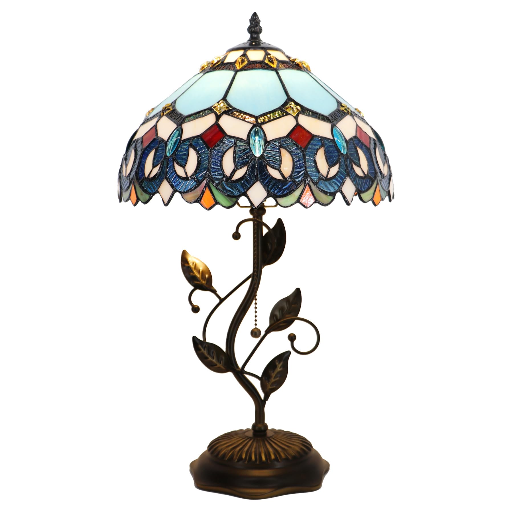 LXHCYOU Tiffany Table Lamp, Stained Glass Desk Light, W12H19 Inch, Metal Leaf Base (Baroque Style)