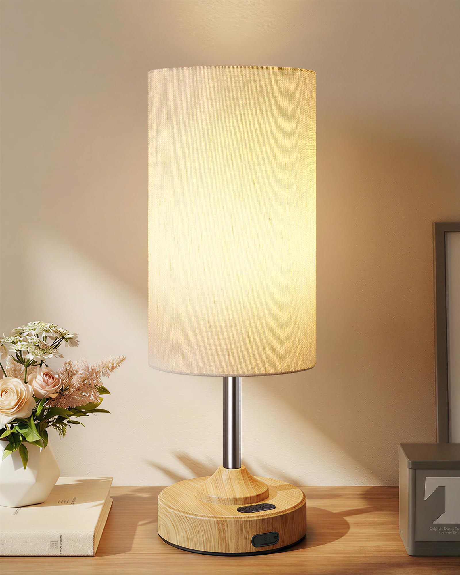 EZVALO Cordless Table Lamp  Ambient Light  Dimmable  Touch  Timer  2700K  Bedroom  Portable  LED  Wireless  Rechargeable  Battery Operated  Desk Lamp  Fabric Shade  Wood-Grain Finish  Living Room