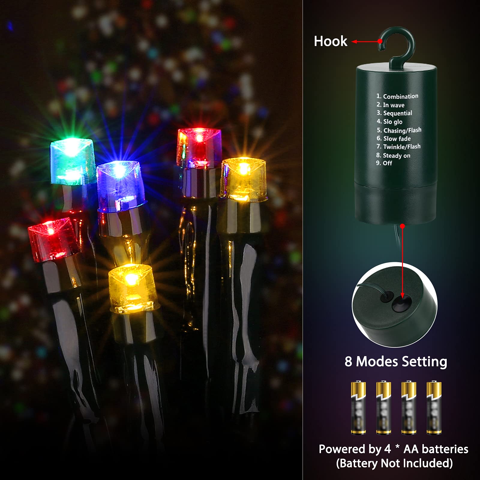 Flacchi 66 ft Multi-Color Christmas Lights, 200 LED Battery Operated, Waterproof, 8 Modes, Auto Timer for Indoor/Outdoor Holiday Decor