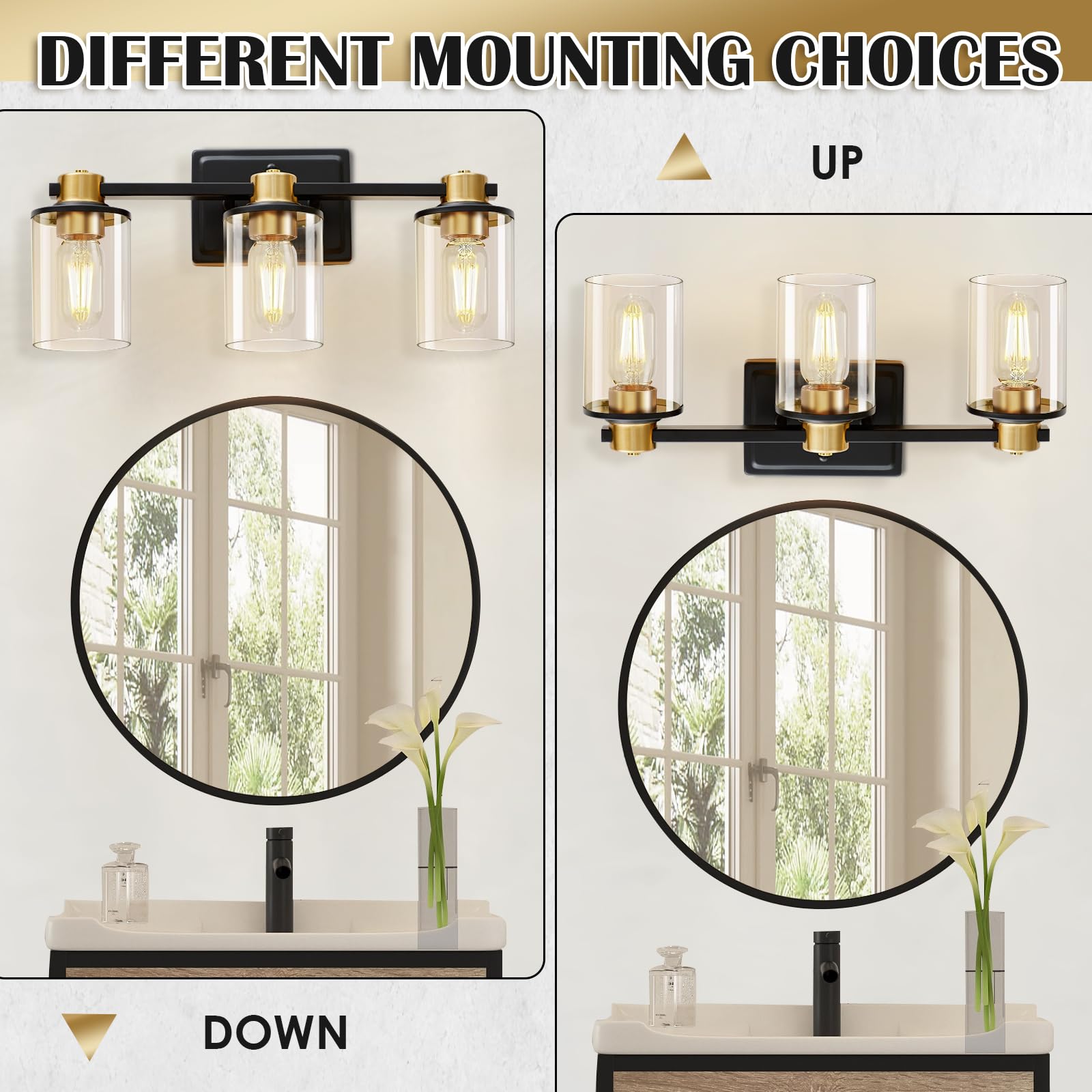 SANGFOR Bathroom Light Fixtures, Vanity Lights with 3 E26 Sockets, Brushed Gold & Black, Model 1, Glass Shades