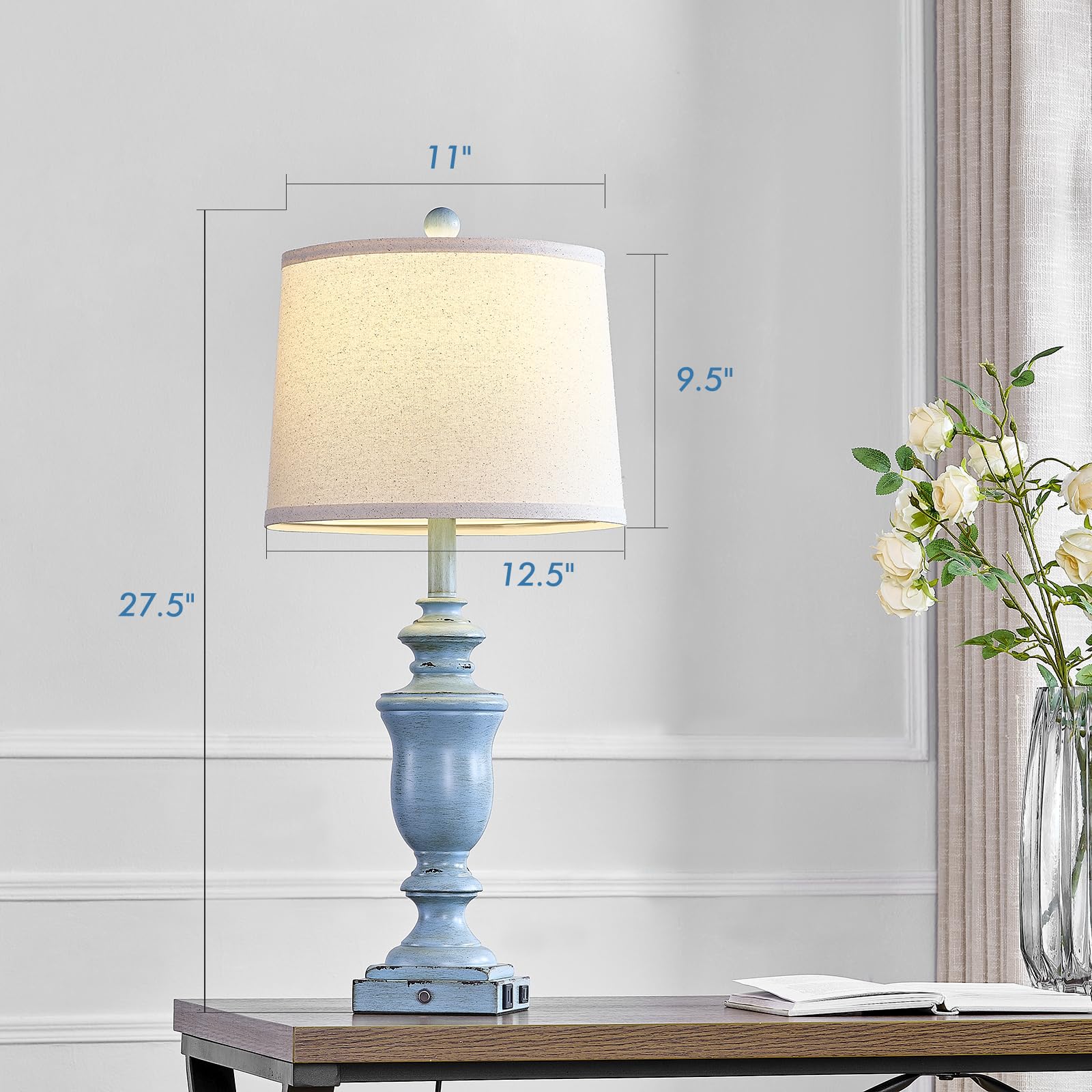 SAIWEYA 27.5in Farmhouse Table Lamps Set of 2, 3 Way Dimmable, Resin, Antique Blue, Model TM-T04, USB & AC Outlet