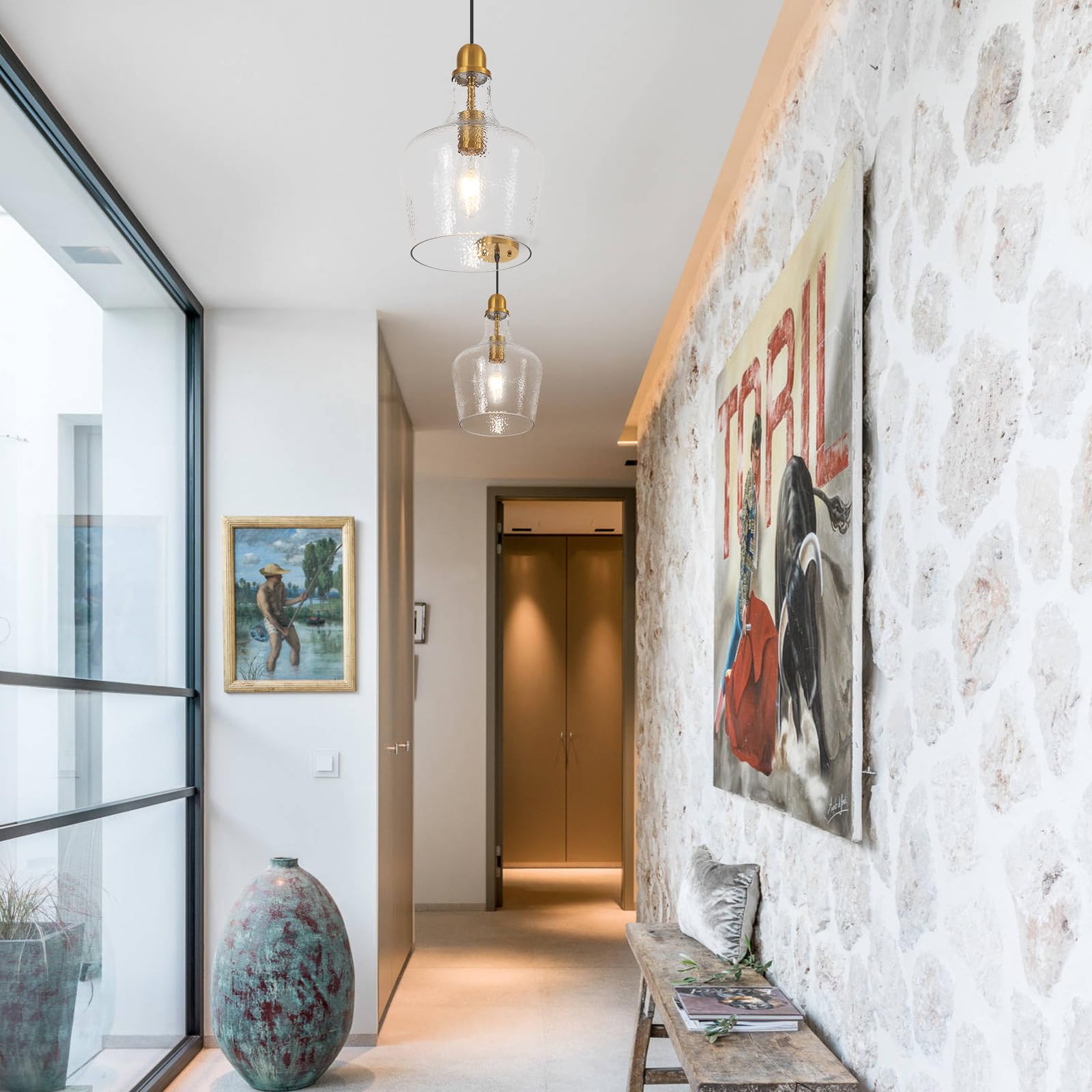 Elyccupa Glass Pendant Light Modern Brass 1 Light Single Dome Pendant Lighting Fixtures For Kitchen Island Dining Room Hallway,