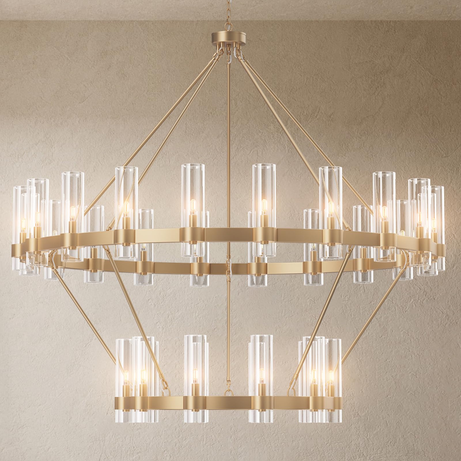 YIOSI 30-Lights Gold Chandelier,Wagon Wheel Chandelier with Glass Shade,60 Inch Large Round Industrial High Ceilings Pendant Lig