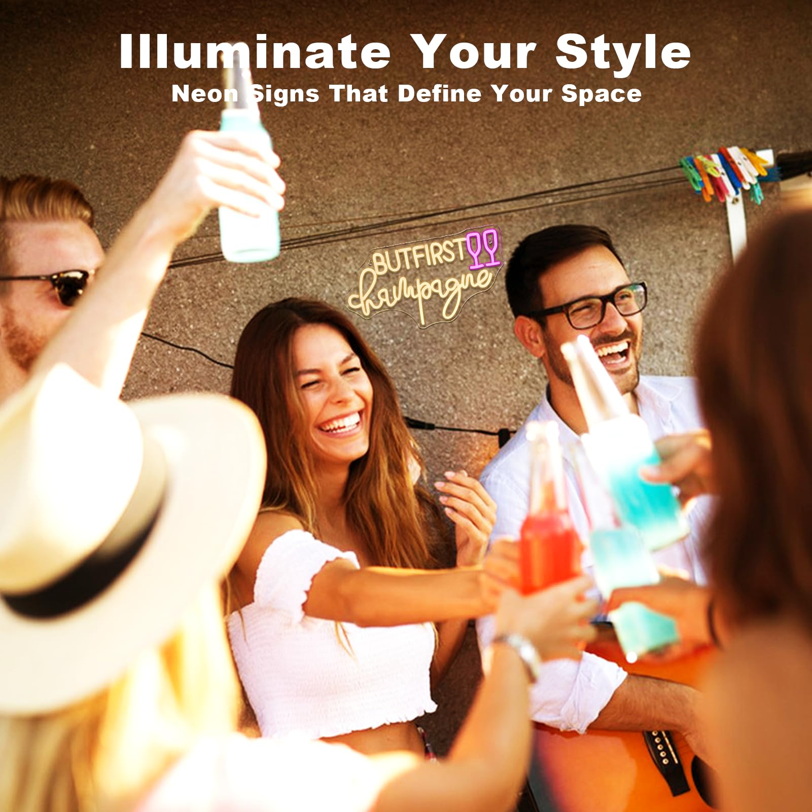 Wanxing LED Neon Light Sign - But First Champagne - Acrylic Wall Decor - Size: 16.3in x 9.45in - USB Warm Light