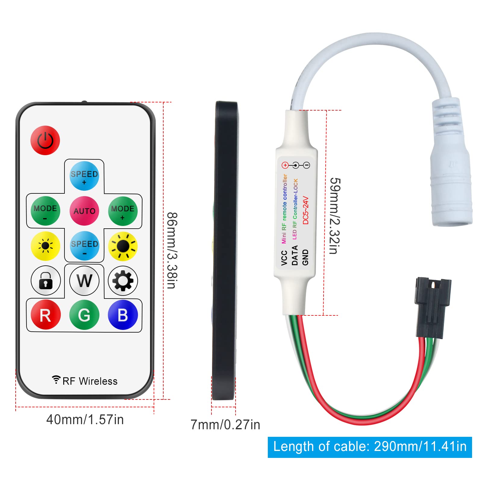 Rgbzone 3-Pin Led Controller, Rf Wireless Remote Control, Dc5V/12V/24V Mini Led Controller For Dream Color Ws2812B Ws2812 Ws2811 Led Light Strips (21 Key)