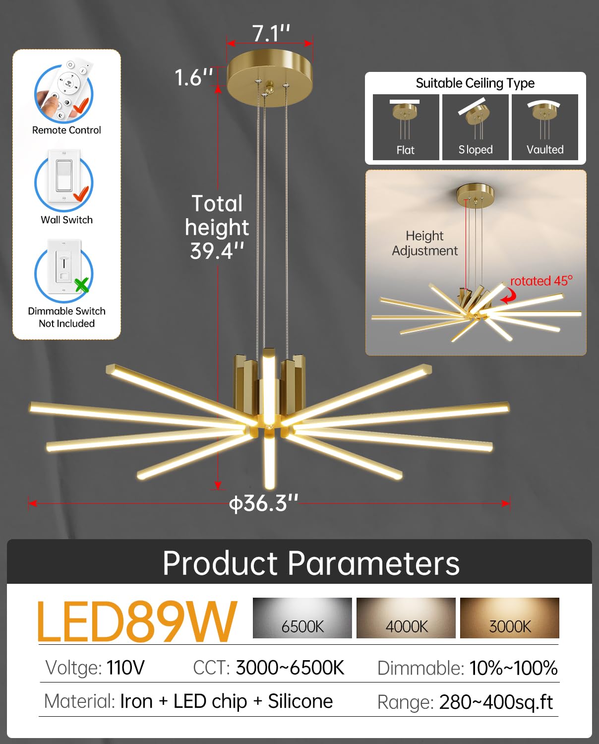 JYUWRIVG Modern Led Chandelier, Dimmable Sputnik Light Fixture, Chrome, Model YM05, Remote Control, 3000K-6500K for Dining Room, Kitchen
