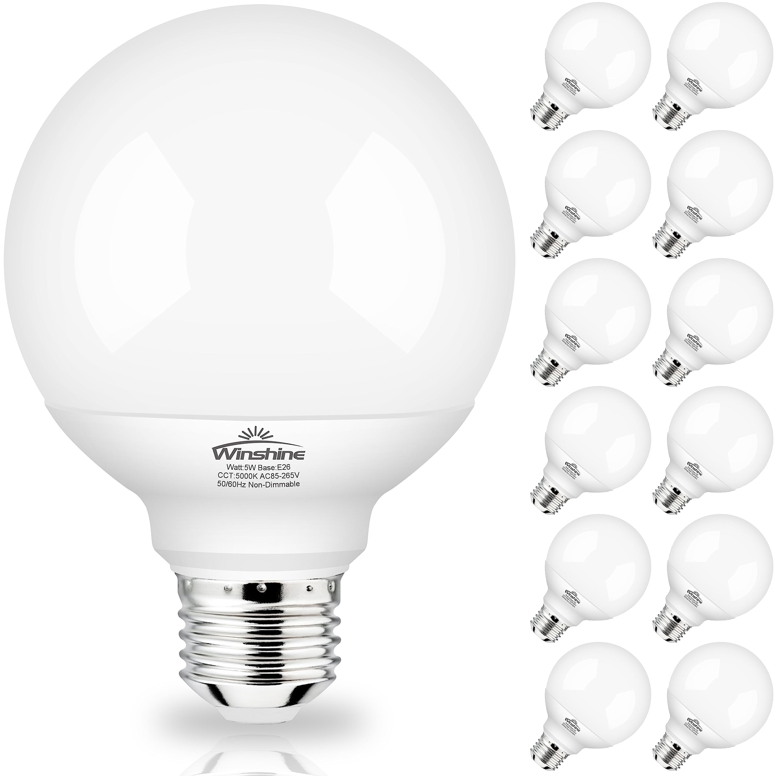 winshine 12 Pack Bathroom Light Bulbs  5000K Daylight LED Globe Light Bulbs  60W Equivalent E26 Base  G25 Vanity Light Bulb for Bathroom Makeup Mirror  Bedroom Lights CRI85+  500LM  Non-dimmable-Like New