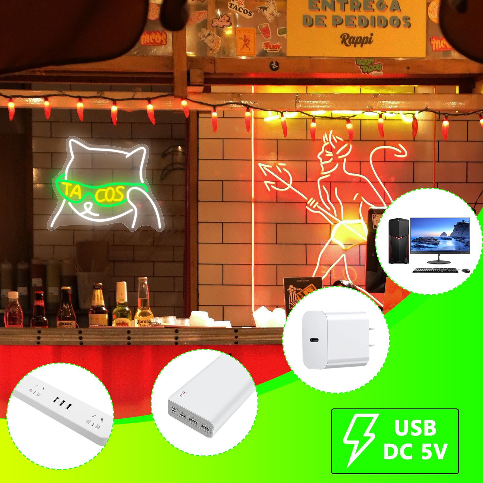 AUGELRE Tacos Sunglasses Neon Sign - Dimmable LED Wall Decor, 15.35inx12.6in, Green White, for Bedroom, Bar, Party Decorations