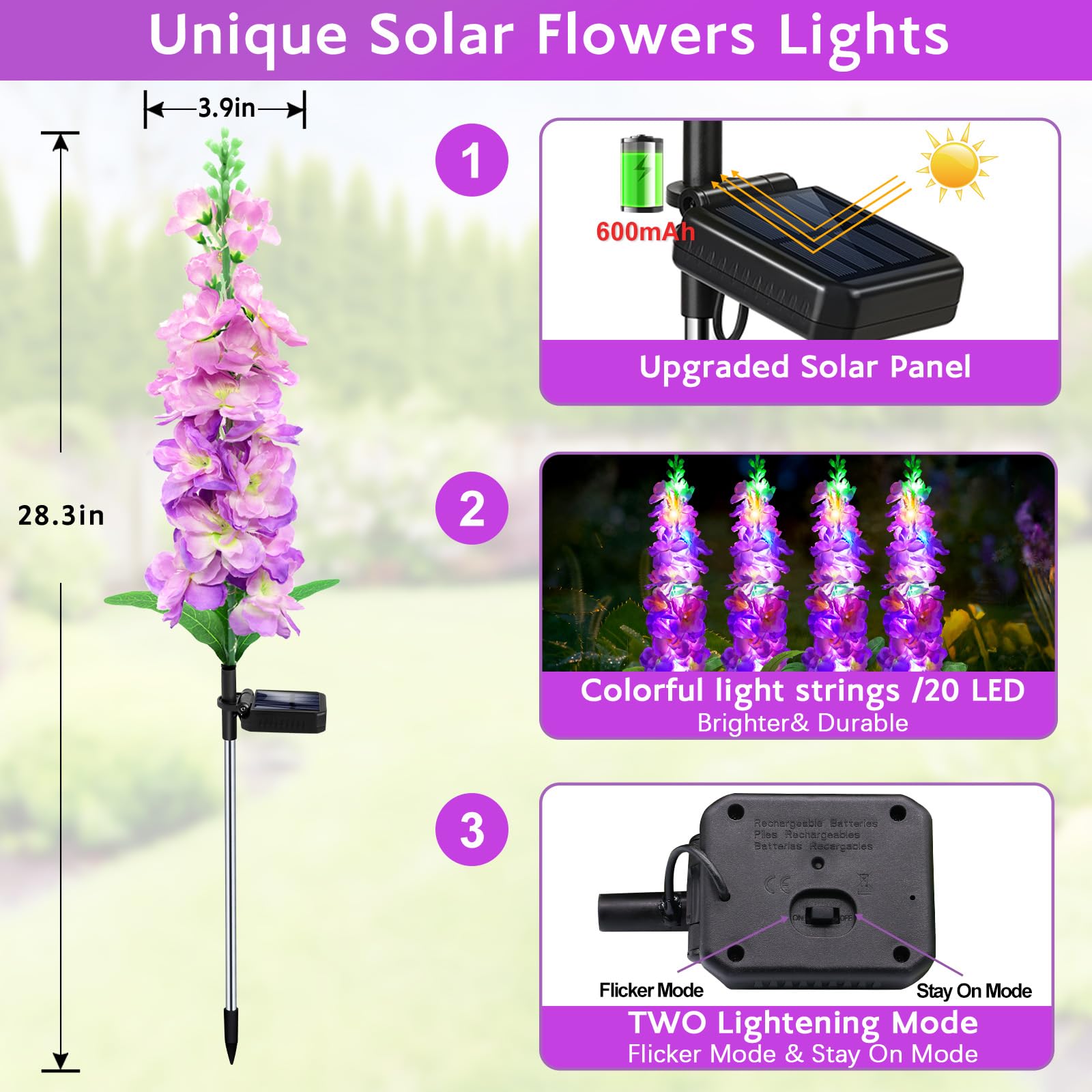 Mrhephaestus Solar Garden Lights  Solar Purple Delphinium Flowers Lights 4 Pack 80 Leds  Waterproof Outdoor Light Two Lighting Modes For Outside Wedding Party Garden Yard Patio Lawn Decor