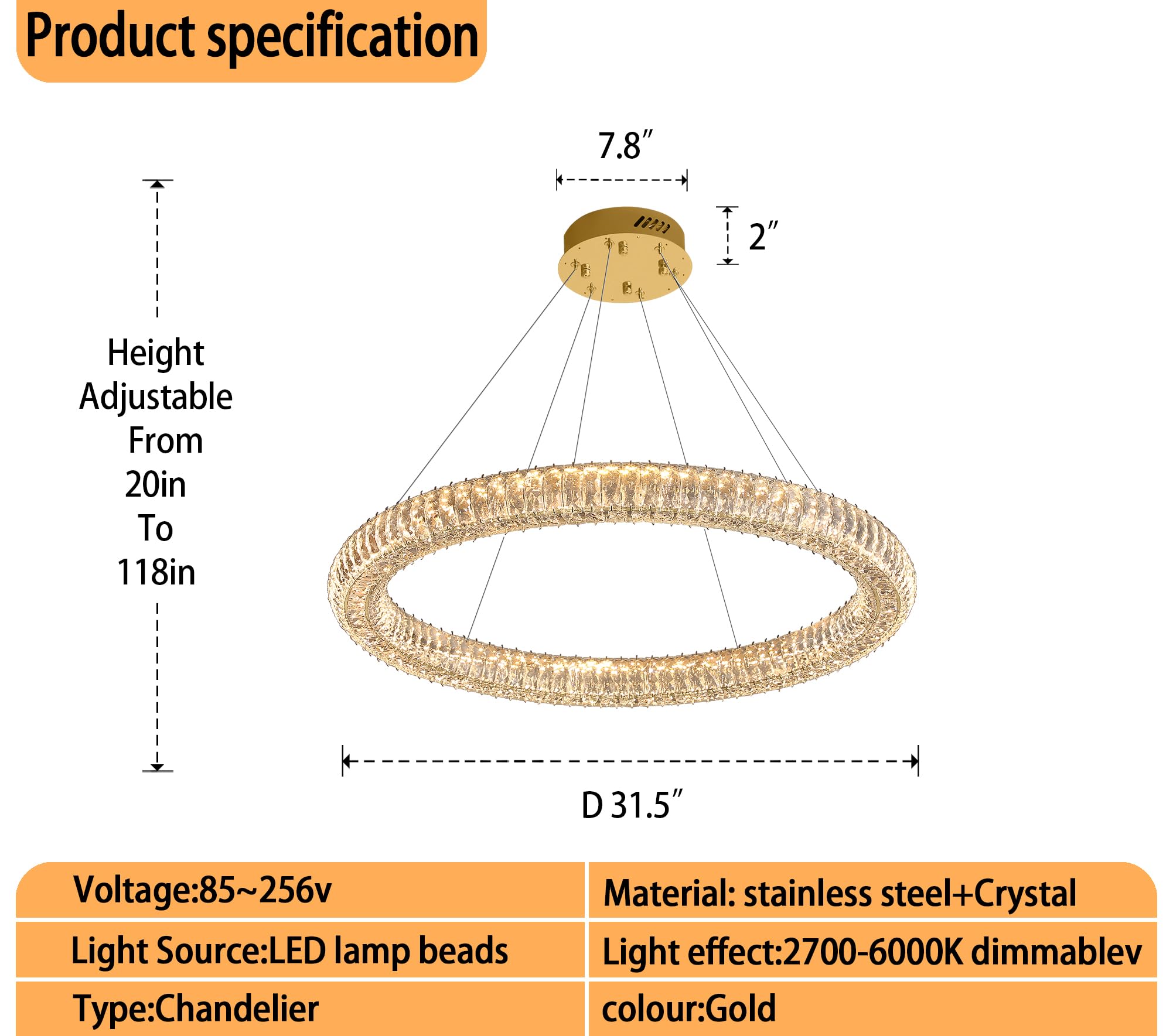 IDEQUY Modern Gold Round Crystal Chandelier, Dimmable LED, 31.5" Pendant Light for Dining Room, Model CF8022-80J