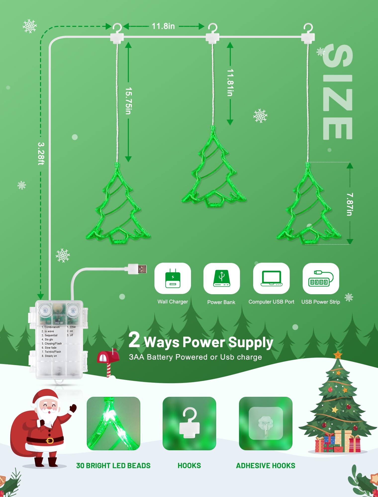 Youngar Christmas Tree Lights Outdoor Tree Window Light  Battery/Usb Powered With Timer  5Ft 30 Led Warm White Indoor Holiday Decor