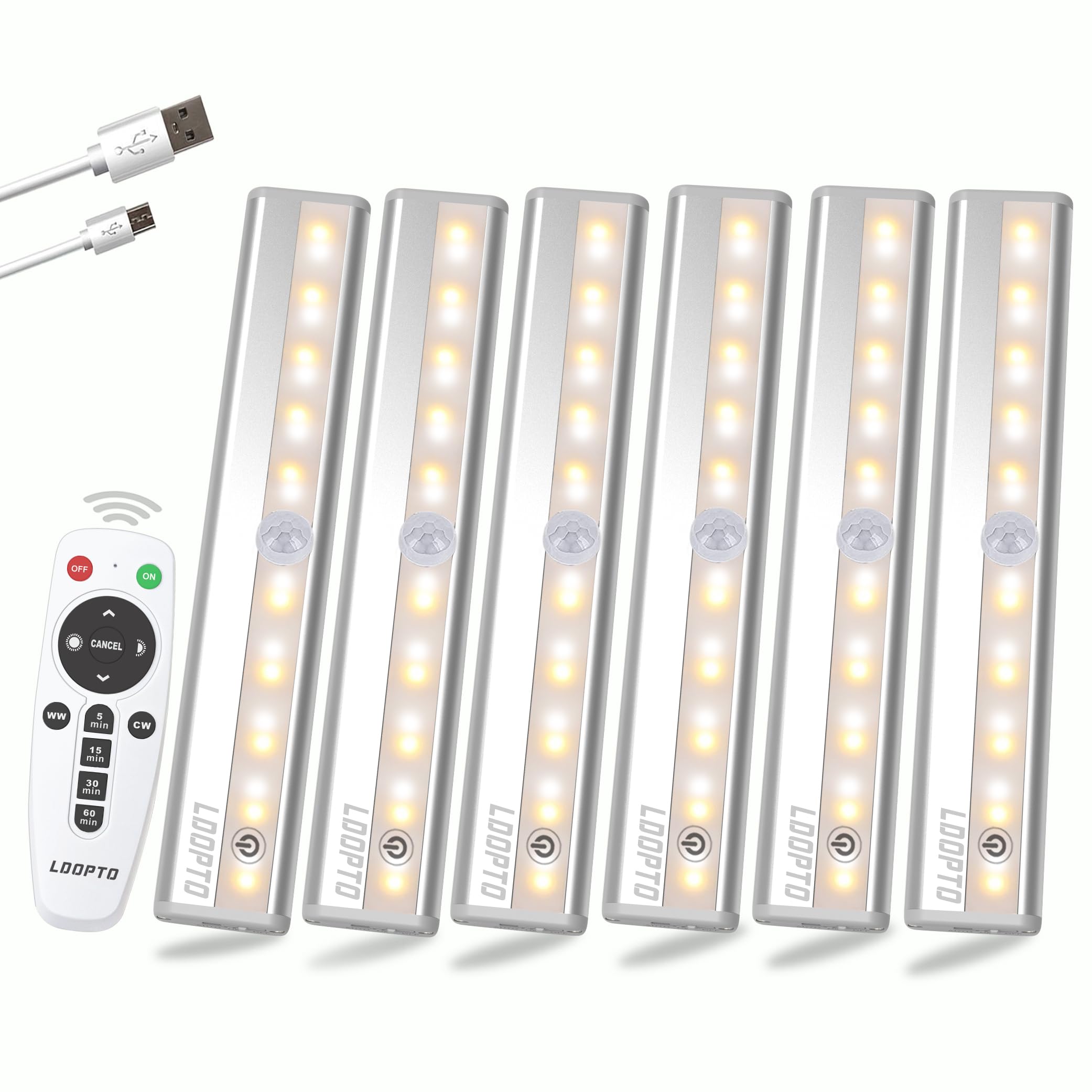 LDOPTO Under Cabinet Lighting Wireless 6 Pack, Remote Control LED Dimmable Closet Lights Rechargeable Battery Operated Lights, S
