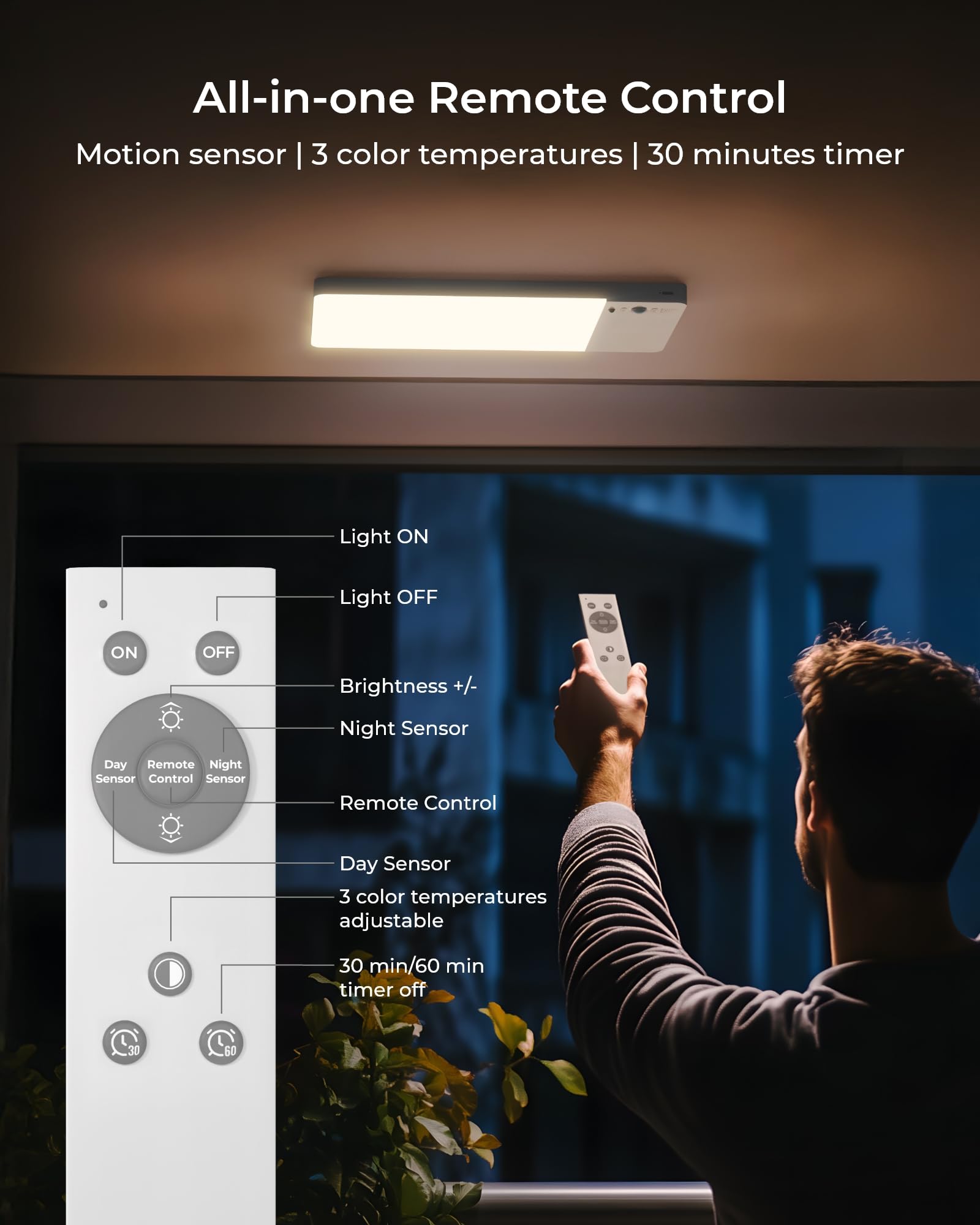 FULEN Rechargeable Motion Sensor Ceiling Light, 12000mAh Battery, Remote Control, White, Model CL06, Ideal for Bathroom, Pantry, Garage