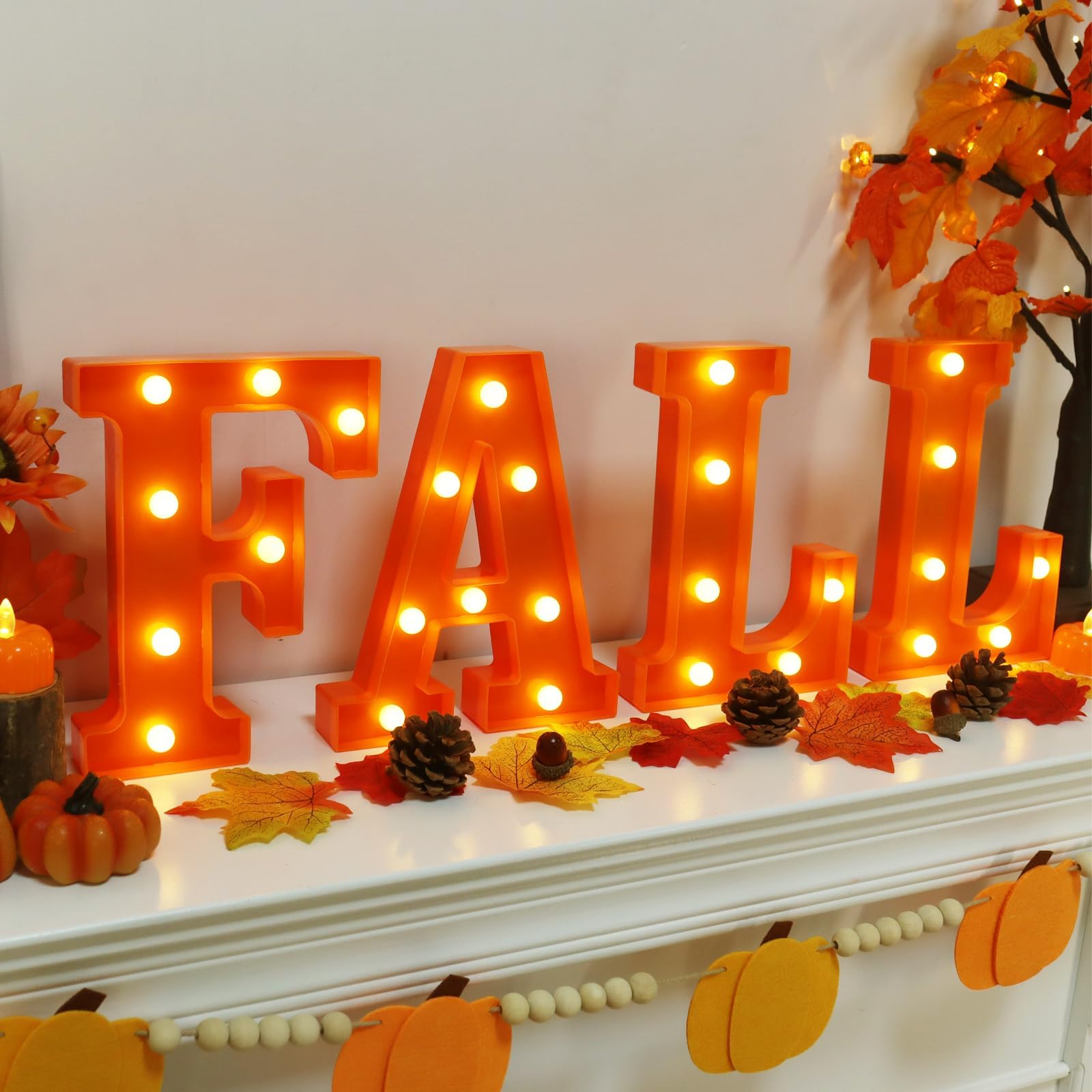 Fall Decorations for Home - Fall Room Decor - 4 LED Marquee Light Up FALL Letters Lights Sign, Battery Operated Fall Decorations