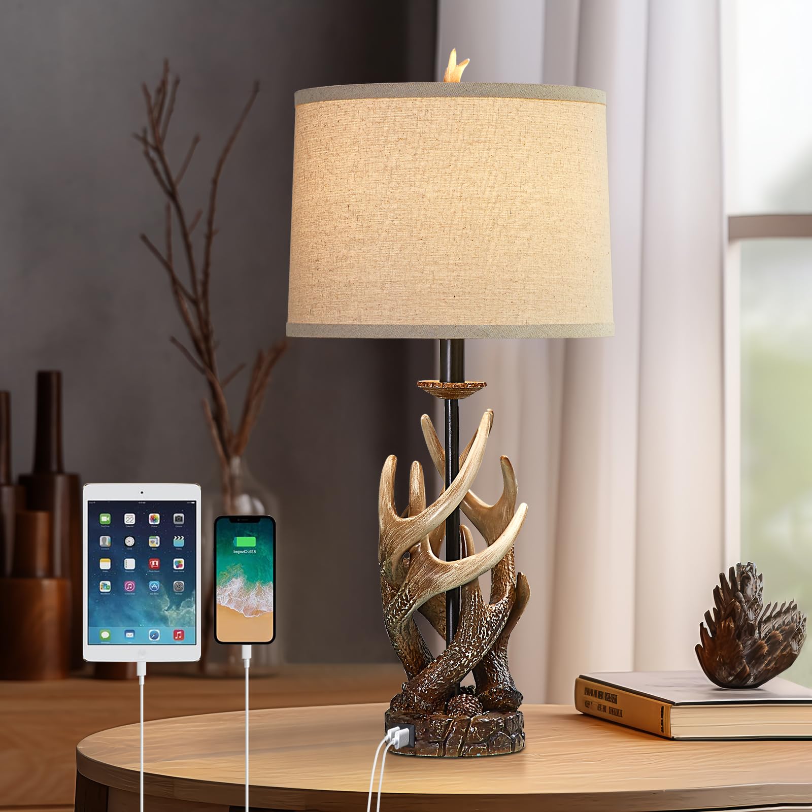 Huitico Rustic Farmhouse Table Lamp For Living Room End Table Deer Antler Lamps With Usb Ports 28'' Tall Western Lamps For Bedro