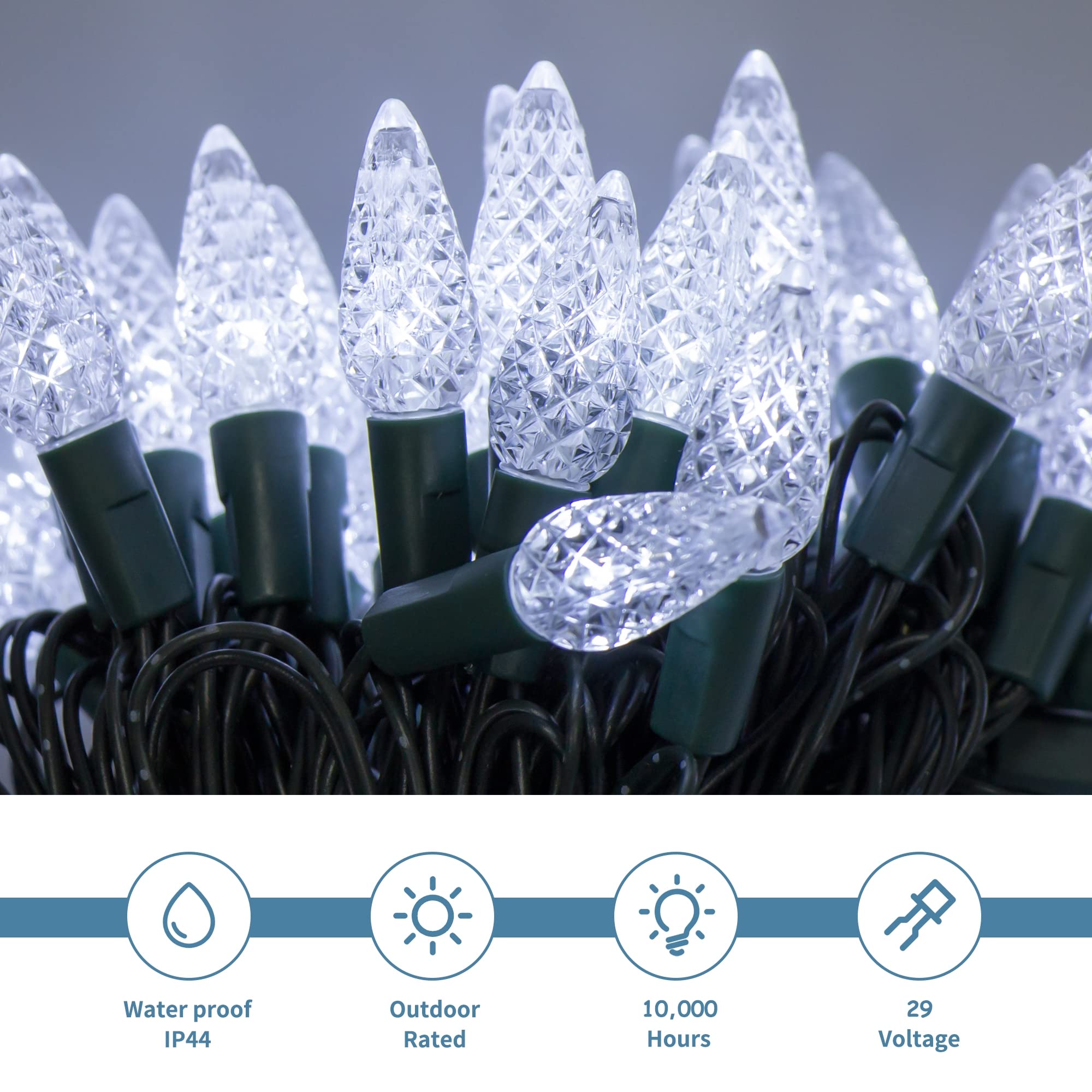 WATERGLIDE 33ft 100 LED Faceted String Lights, Cool White, Green Wire, Waterproof, 8 Lighting Modes, Indoor Outdoor Decor