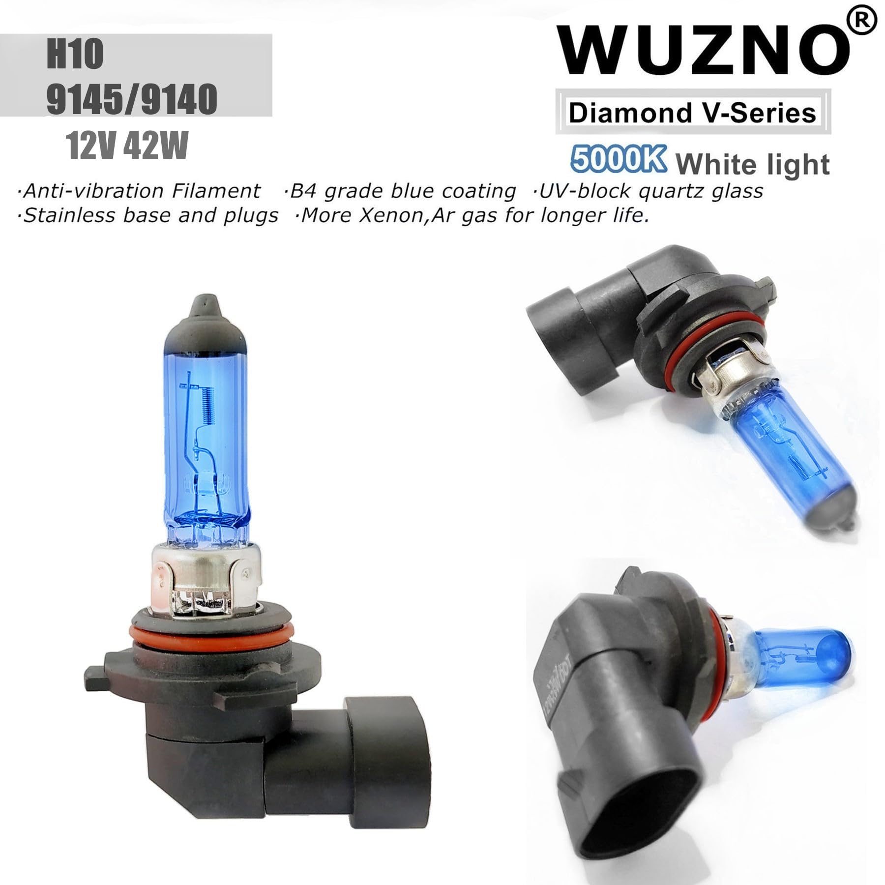 Wuzno 9145 9140 H10 Halogen Fog Light Bulb 12V 42W 5000K Replacement Glass 2-Pack