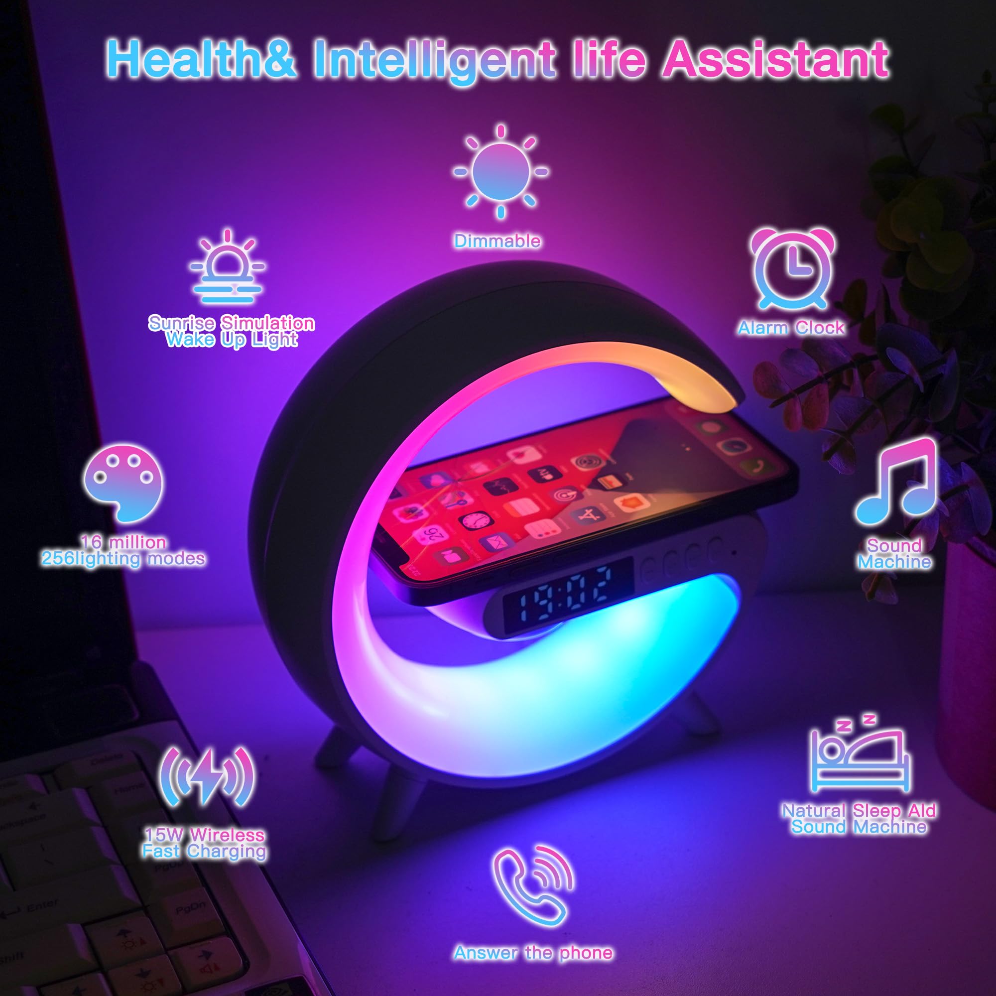 Leenabao Mini Wireless Speaker With Atmosphere Light, Wireless Charging, Alarm Clock And Bedside Lamp - Black