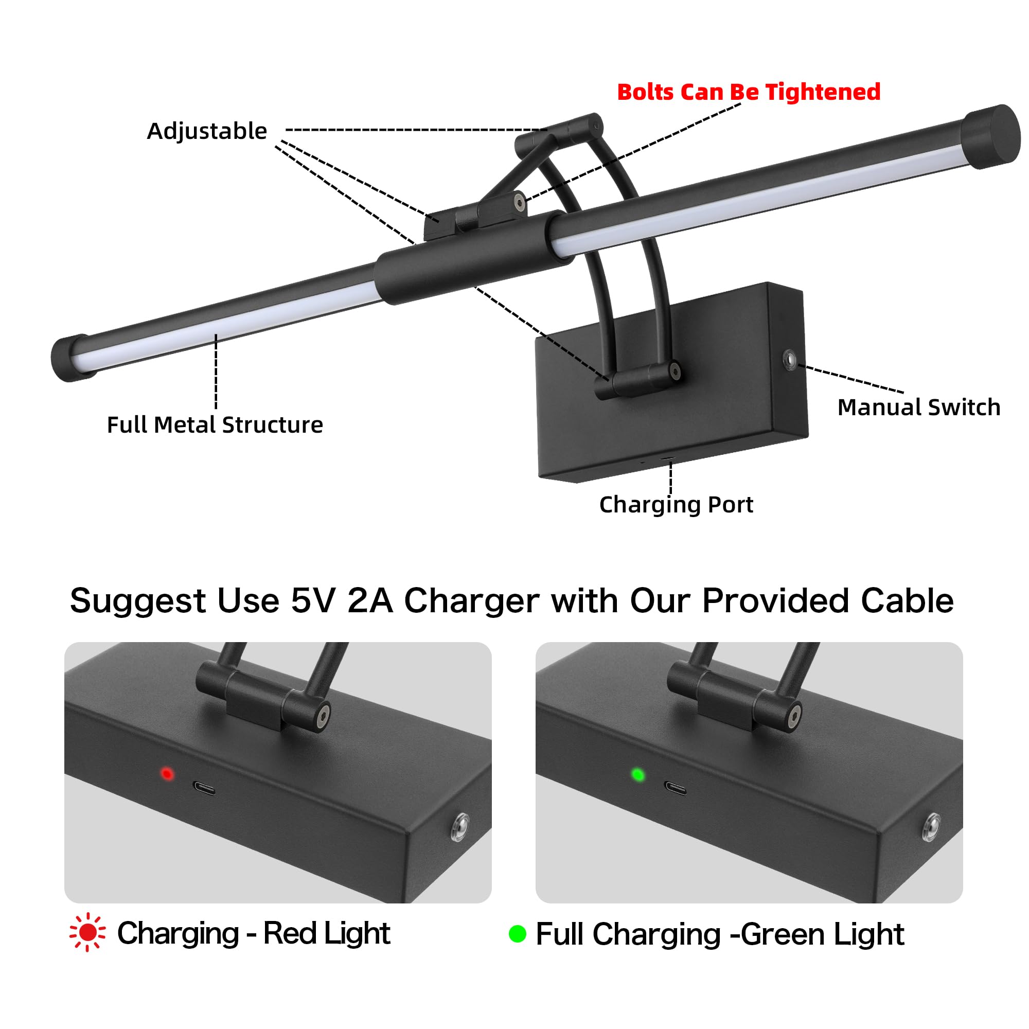 24 Picture Lights For Wall Battery Operated  Wireless Picture Lights With Remote  Rechargeable Wall Light 3000K/4000K/6000K Dimmable  Art Lighting For discomfort-reducingtings Frame Gallery Dartboard Light  Black