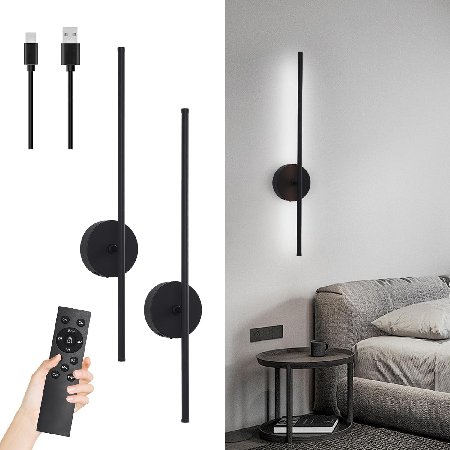 HONGREN 28 Black Battery Operated Wall Sconces Set of 2 Modern Wireless Rechargeable Wall Sconce with Remote Control LED Dimmabl