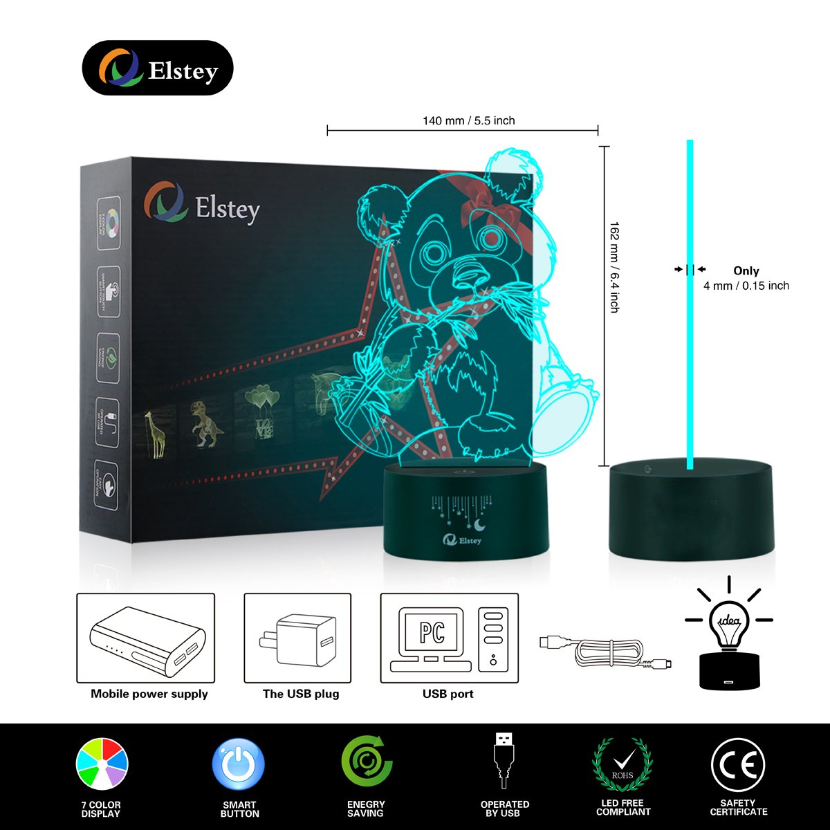 Giant Panda Bear 3D Illusion Lamps, Elstey 7 Color Changing Touch Table Desk Led Night Light Great Gifts For Kids