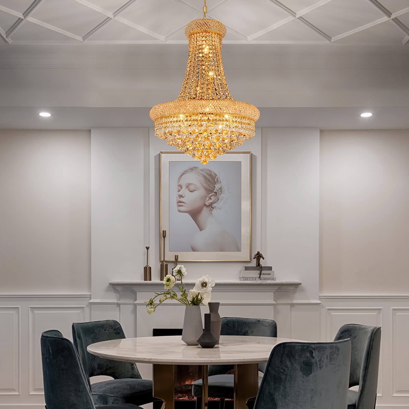 Gifarich Crystal Chandelier, 12 Lights D22" Empire Style, Gold K9 Crystal Lighting Fixture for Dining Room, Entryway, Foyer