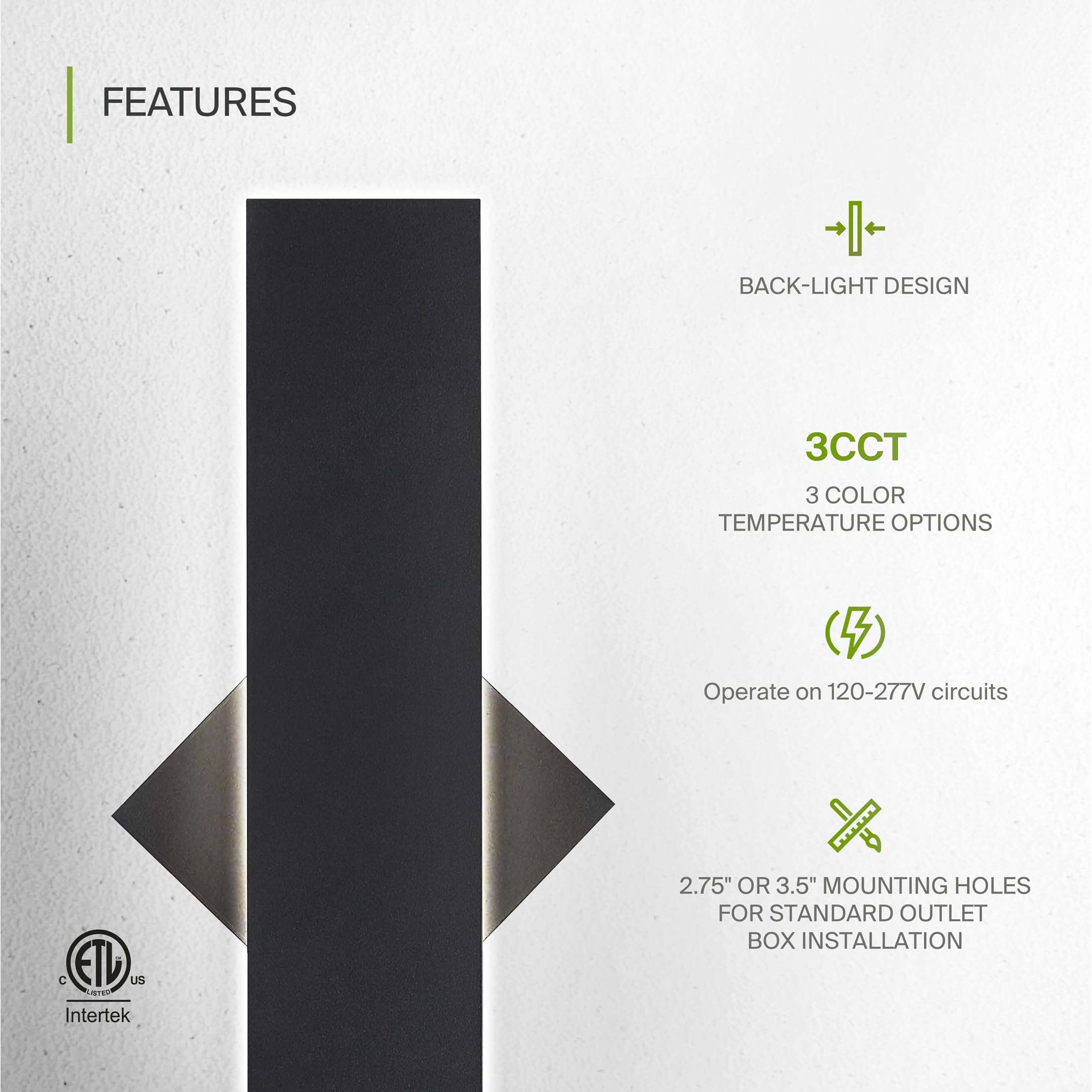 ASD LED Wall Light Fixture | 24W 1500LM | 3CCT Dimmable | 24 Inch | Black | 2 Pack | Model A-LWS27B-24